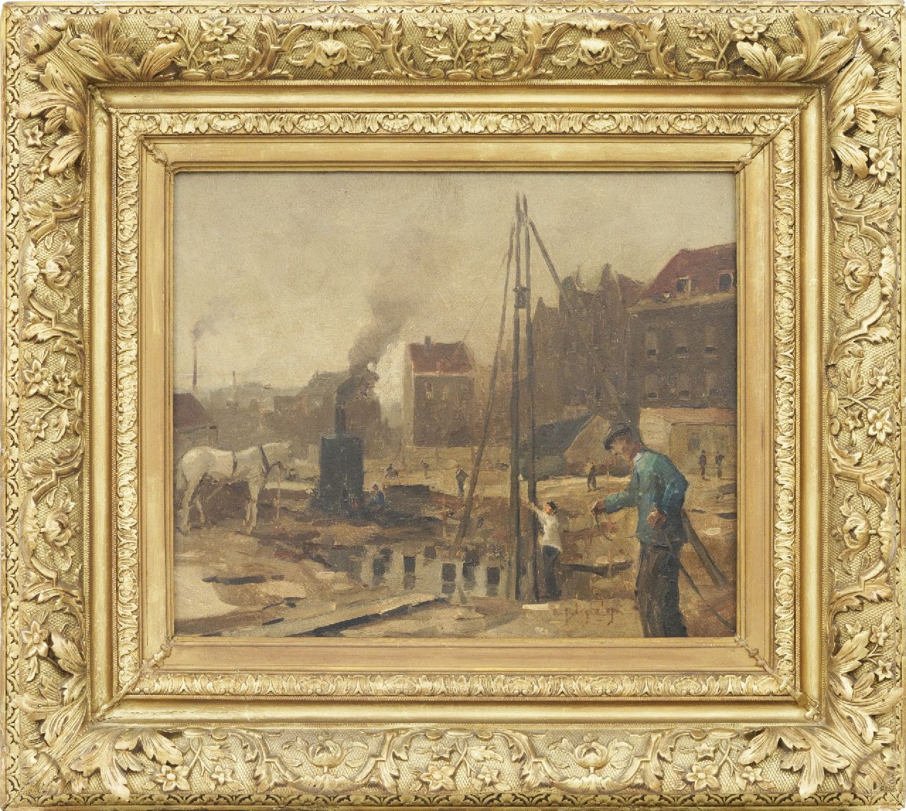 Ligtelijn E.J. | Evert Jan Ligtelijn, Bouwput in Amsterdam, olieverf op paneel 39,8 x 47,9 cm, gesigneerd rechtsonder Ligtelijn E.J. | Evert Jan Ligtelijn, Bouwput in Amsterdam, olieverf op paneel 39,8 x 47,9 cm, gesigneerd rechtsonder
