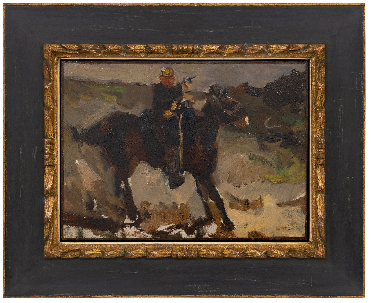 Breitner G.H.  | George Hendrik Breitner, Huzaar - met pistool - te paard, olieverf op paneel 30,8 x 42,2 cm, gesigneerd rechtsonder