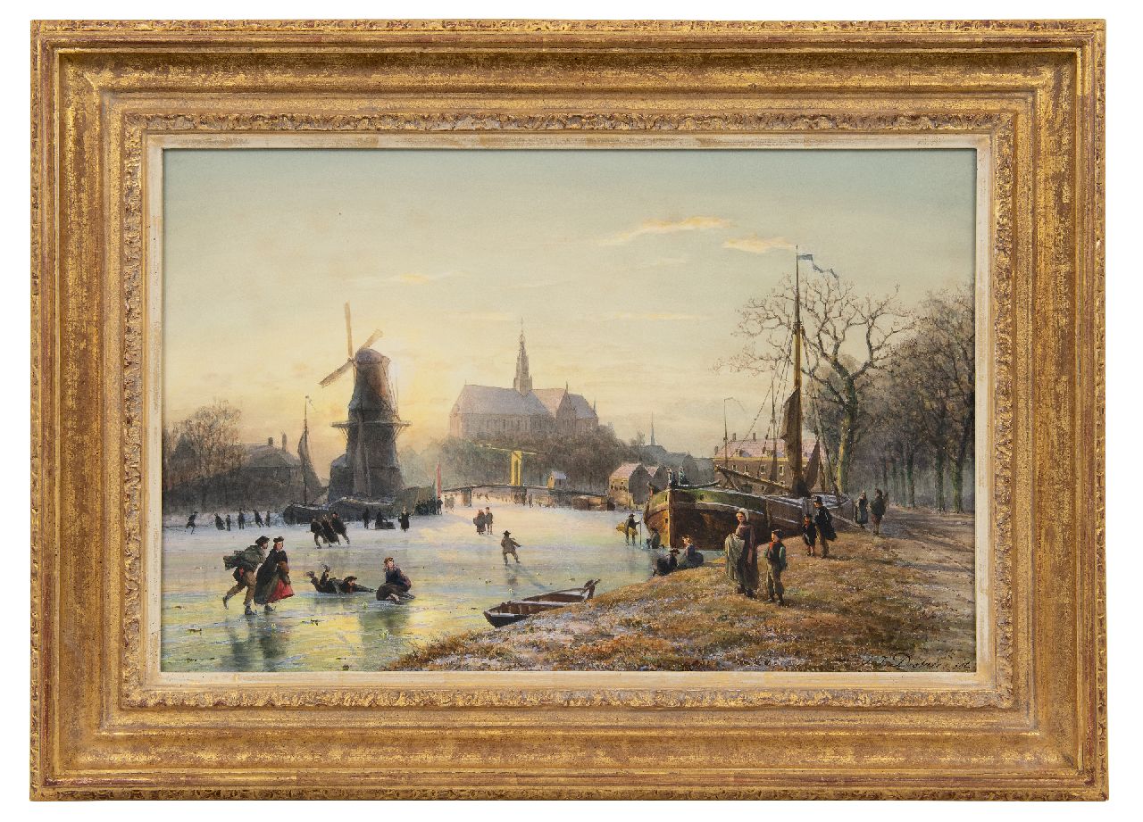 Destrée J.J.  | Johannes Josephus Destrée, Schaatsplezier op het Spaarne met De Adriaan en de St. Bavokerk, Haarlem, aquarel op papier 36,5 x 56,6 cm, gesigneerd rechtsonder