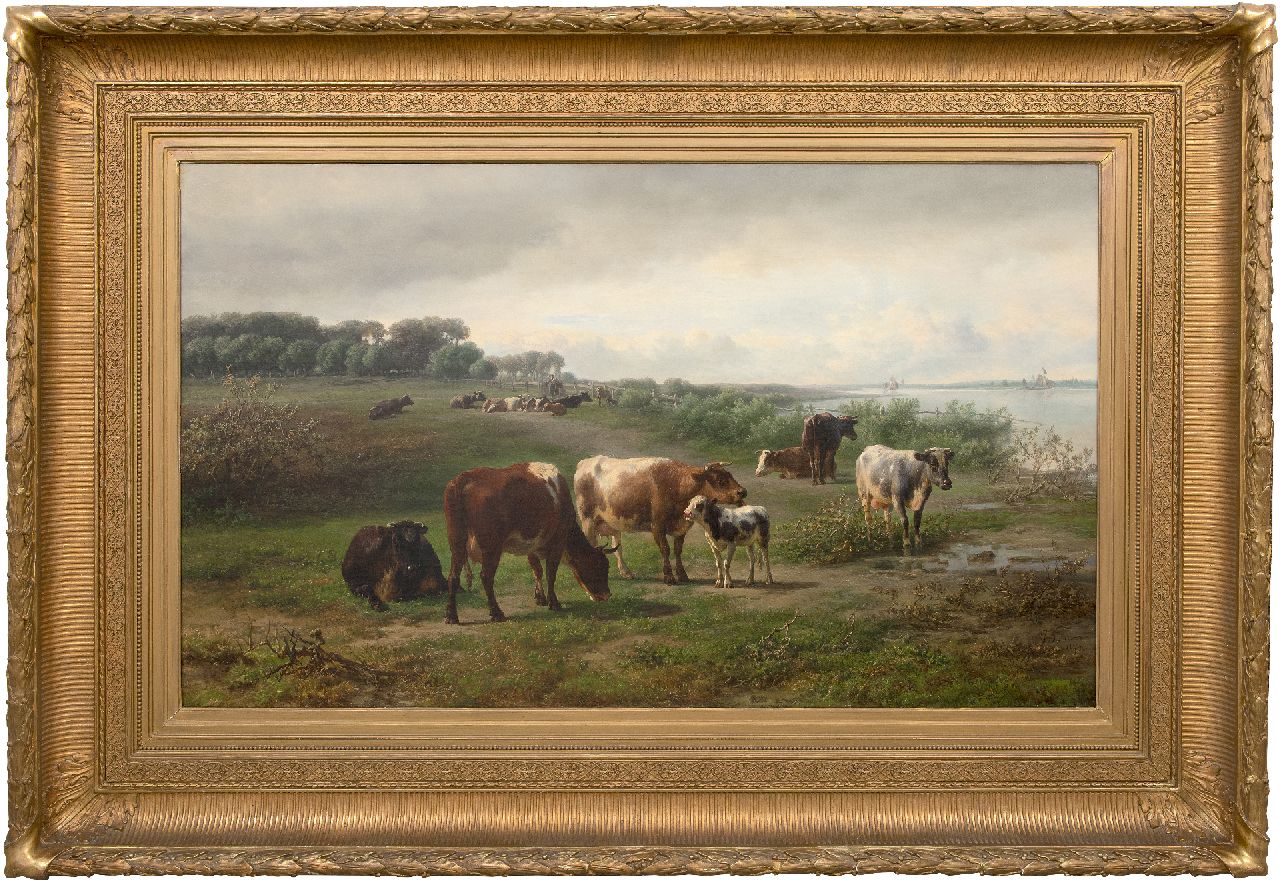 Tom J.B. | Jan Bedijs Tom | Schilderijen te koop aangeboden | Koeien langs een rivier, mogelijk de Rijn in Gelderland, olieverf op doek 72,3 x 122,5 cm, gesigneerd rechtsonder en gedateerd 1874 Tom J.B. | Jan Bedijs Tom | Schilderijen te koop aangeboden | Koeien langs een rivier, mogelijk de Rijn in Gelderland, olieverf op doek 72,3 x 122,5 cm, gesigneerd rechtsonder en gedateerd 1874
