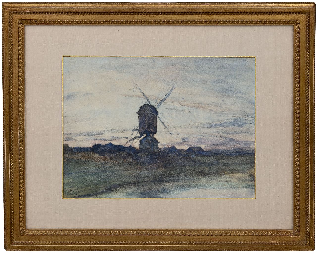 Gabriel P.J.C. | Paul Joseph Constantin 'Constan(t)' Gabriel | Aquarellen en tekeningen te koop aangeboden | Molen bij zonsondergang, zwart krijt en aquarel op papier 26,2 x 35,4 cm, gesigneerd linksonder Gabriel P.J.C. | Paul Joseph Constantin 'Constan(t)' Gabriel | Aquarellen en tekeningen te koop aangeboden | Molen bij zonsondergang, zwart krijt en aquarel op papier 26,2 x 35,4 cm, gesigneerd linksonder