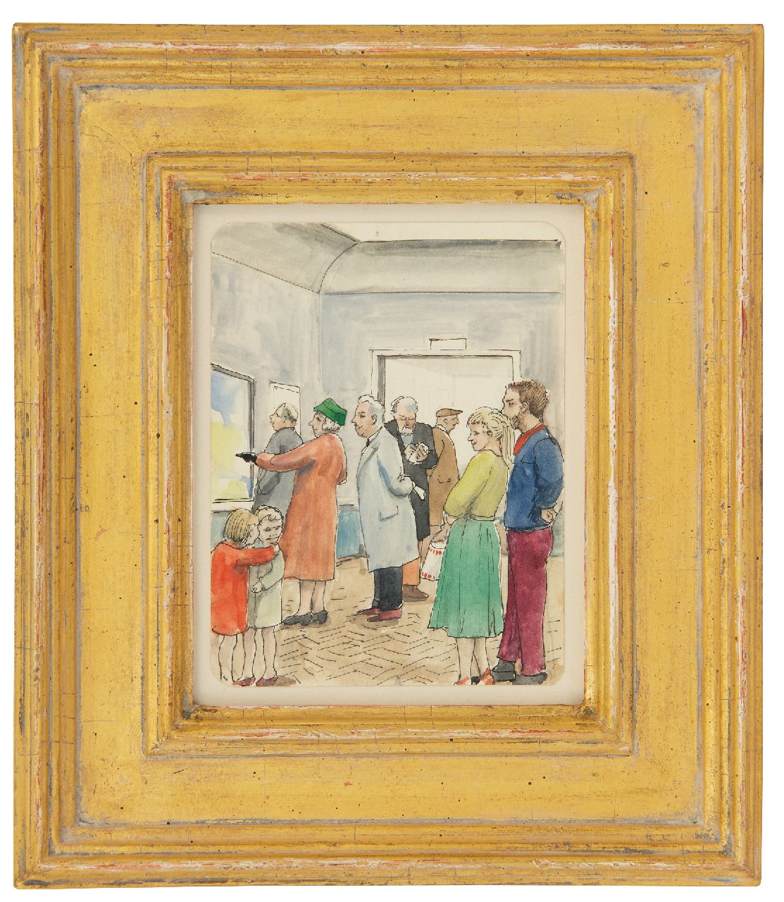Kamerlingh Onnes H.H.  | 'Harm' Henrick Kamerlingh Onnes, De tentoonstelling (met in het midden de schilder zelf), pen en inkt en aquarel op papier 13,1 x 10,0 cm, gesigneerd verso en te dateren 1956