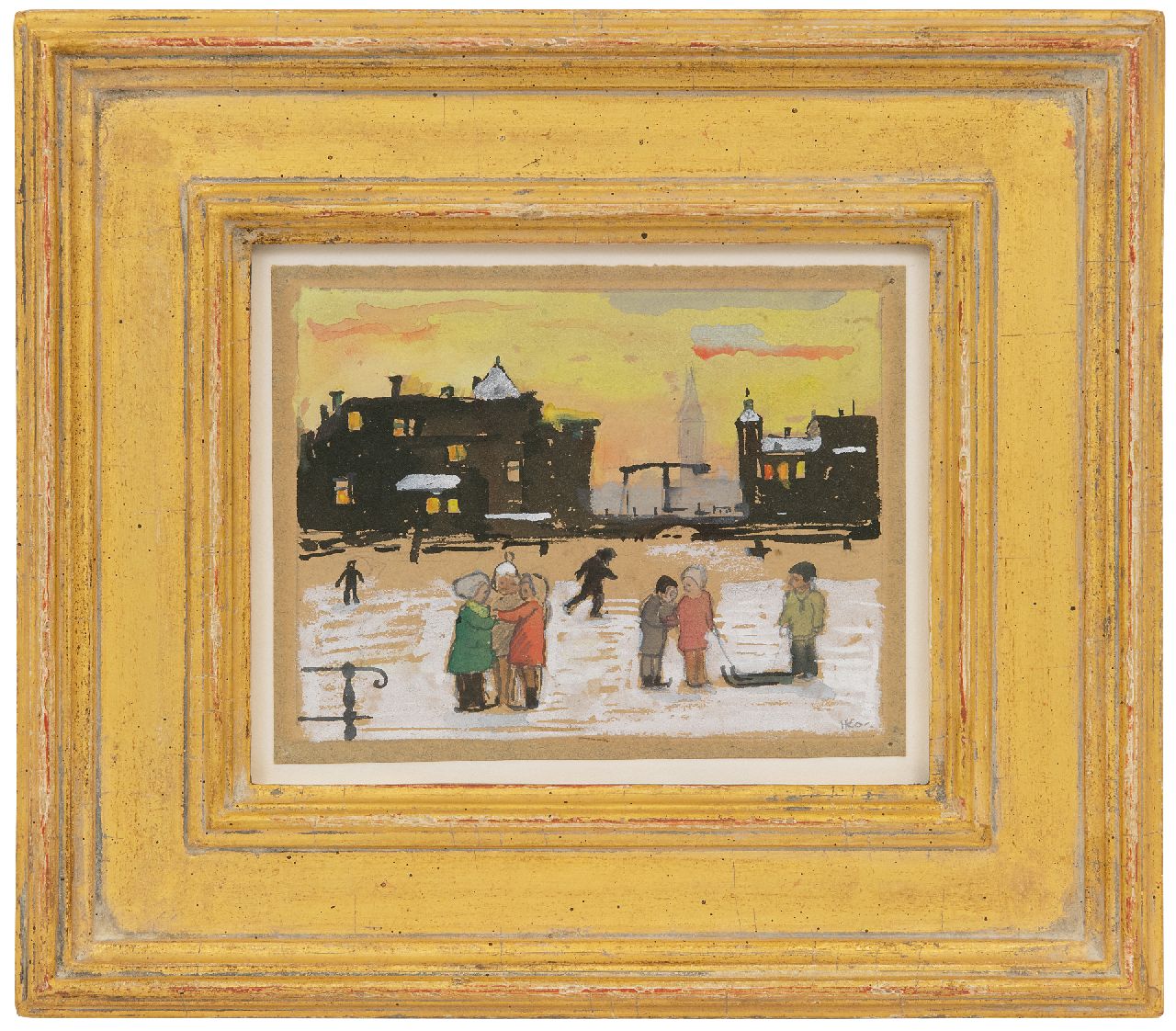 Kamerlingh Onnes H.H.  | 'Harm' Henrick Kamerlingh Onnes, Kinderen op het ijs, potlood en aquarel op papier 10,5 x 13,6 cm, gesigneerd rechtsonder met monogram en gedateerd 3 Jan 58