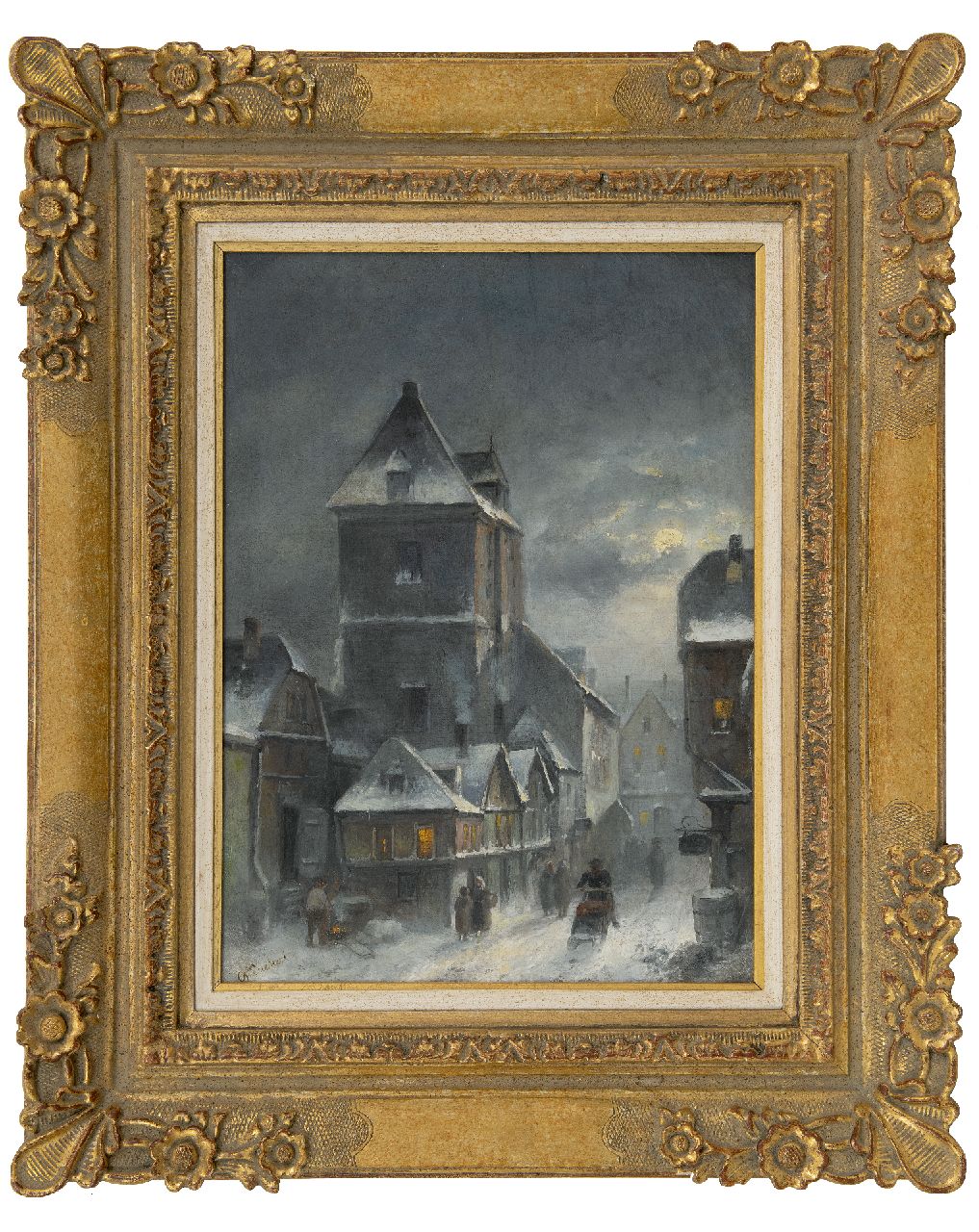 Leickert C.H.J. | 'Charles' Henri Joseph Leickert, Winters stadsgezicht bij vroege avond, olieverf op doek 42,6 x 30,6 cm, gesigneerd linksonder en ca. 1895 Leickert C.H.J. | 'Charles' Henri Joseph Leickert, Winters stadsgezicht bij vroege avond, olieverf op doek 42,6 x 30,6 cm, gesigneerd linksonder en ca. 1895