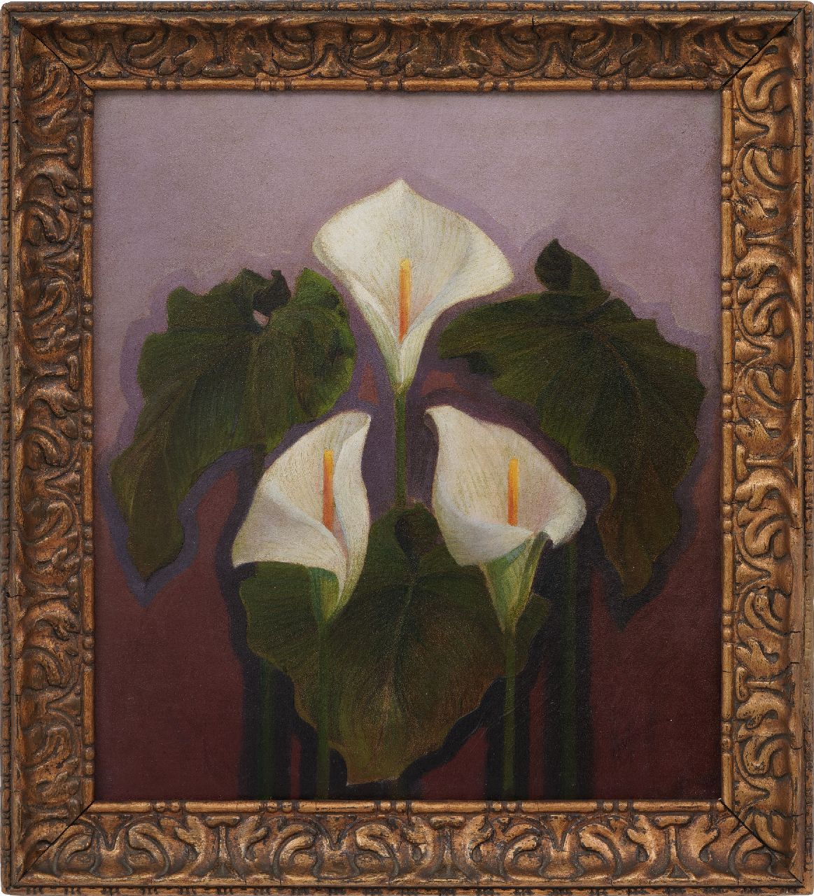 Verstraten D.  | Dirk Verstraten | Schilderijen te koop aangeboden | Drie witte aronskelken, olieverf op papier op board 48,3 x 42,3 cm, gesigneerd rechtsonder