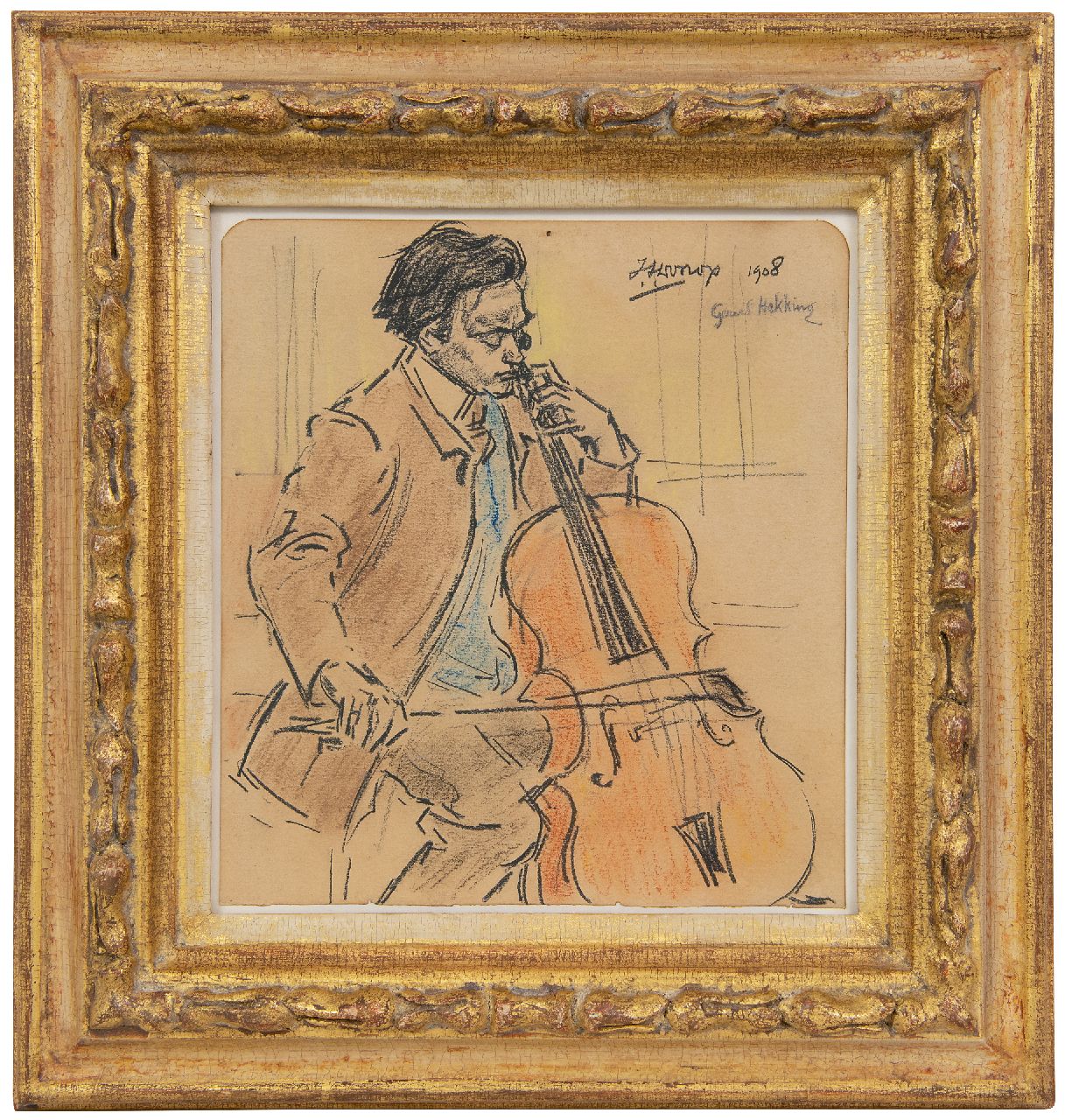 Toorop J.Th. | Johannes Theodorus 'Jan' Toorop | Aquarellen en tekeningen te koop aangeboden | Gerard Hekking, cello spelend, zwart en gekleurd krijt op papier 21,6 x 19,7 cm, gesigneerd rechtsboven en gedateerd 1908 Toorop J.Th. | Johannes Theodorus 'Jan' Toorop | Aquarellen en tekeningen te koop aangeboden | Gerard Hekking, cello spelend, zwart en gekleurd krijt op papier 21,6 x 19,7 cm, gesigneerd rechtsboven en gedateerd 1908