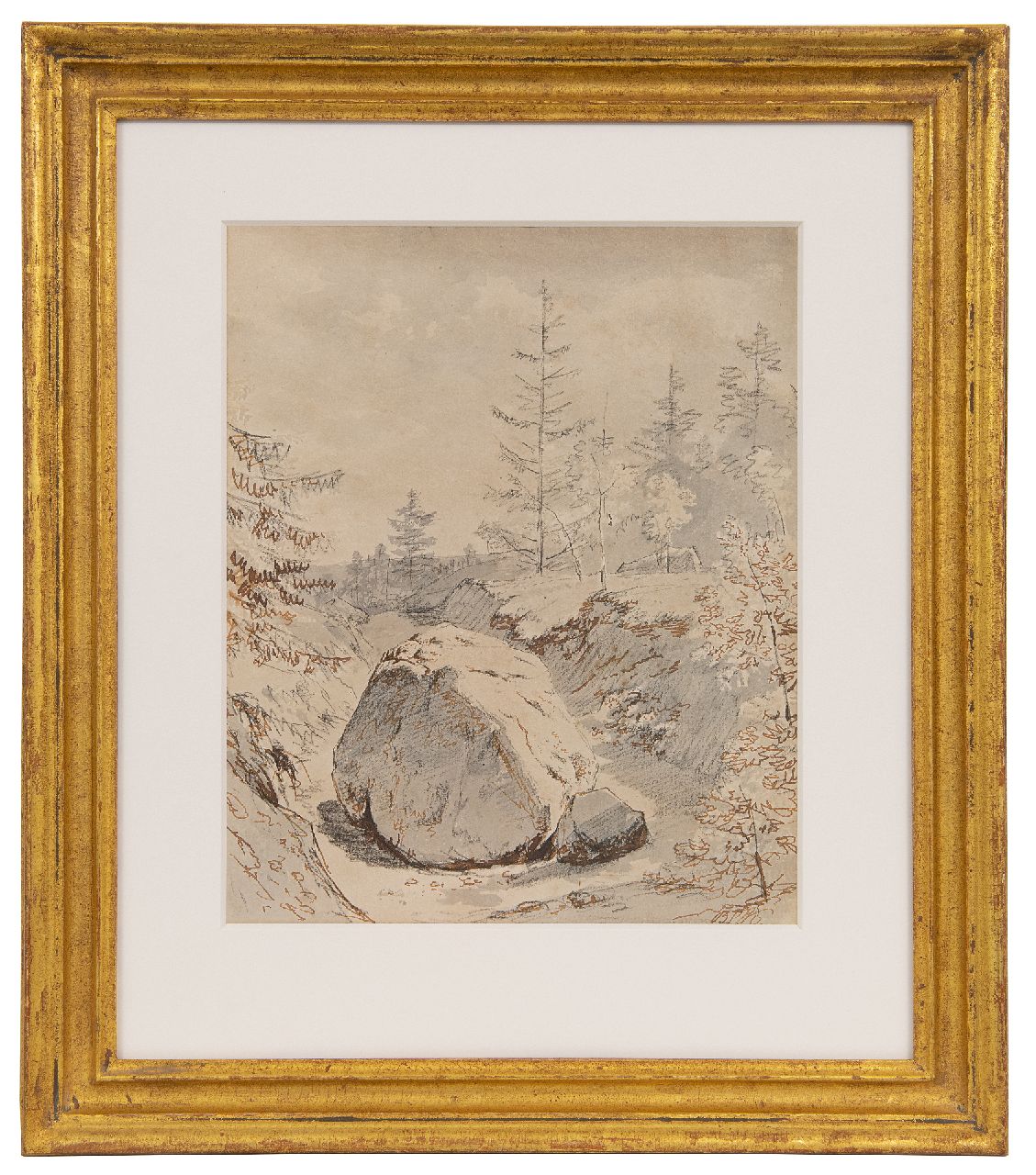 Koekkoek B.C. | Barend Cornelis Koekkoek, Landschap met kei, gewassen inkt, bruine inkt en krijt op papier 26,1 x 21,3 cm, gesigneerd rechtsonder met initialen Koekkoek B.C. | Barend Cornelis Koekkoek, Landschap met kei, gewassen inkt, bruine inkt en krijt op papier 26,1 x 21,3 cm, gesigneerd rechtsonder met initialen