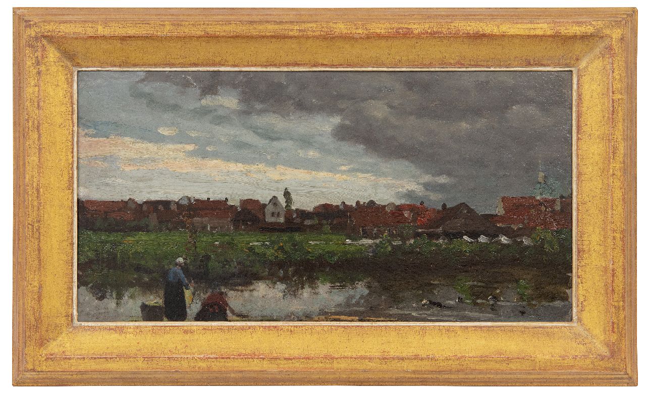 Mesdag H.W.  | Hendrik Willem Mesdag, Bleekvelden aan een vaart, olieverf op doek op paneel 29,3 x 56,0 cm, gesigneerd linksonder resten van signatuur