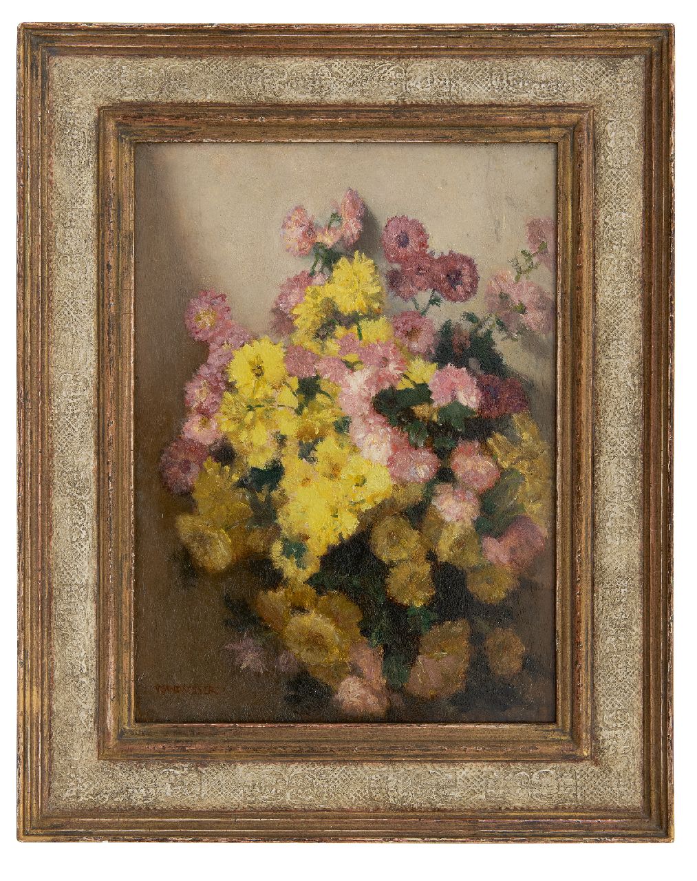 Wandscheer M.W. | Maria Wilhelmina 'Marie' Wandscheer | Schilderijen te koop aangeboden | Herfstchrysantjes, olieverf op paneel 41,0 x 30,1 cm, gesigneerd linksonder en verso Wandscheer M.W. | Maria Wilhelmina 'Marie' Wandscheer | Schilderijen te koop aangeboden | Herfstchrysantjes, olieverf op paneel 41,0 x 30,1 cm, gesigneerd linksonder en verso