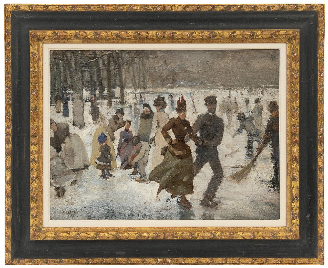 Arntzenius P.F.N.J.  | Pieter Florentius Nicolaas Jacobus 'Floris' Arntzenius | Schilderijen te koop aangeboden | Schaatsvertier op een bosvijver, olieverf op doek op paneel 31,0 x 41,6 cm