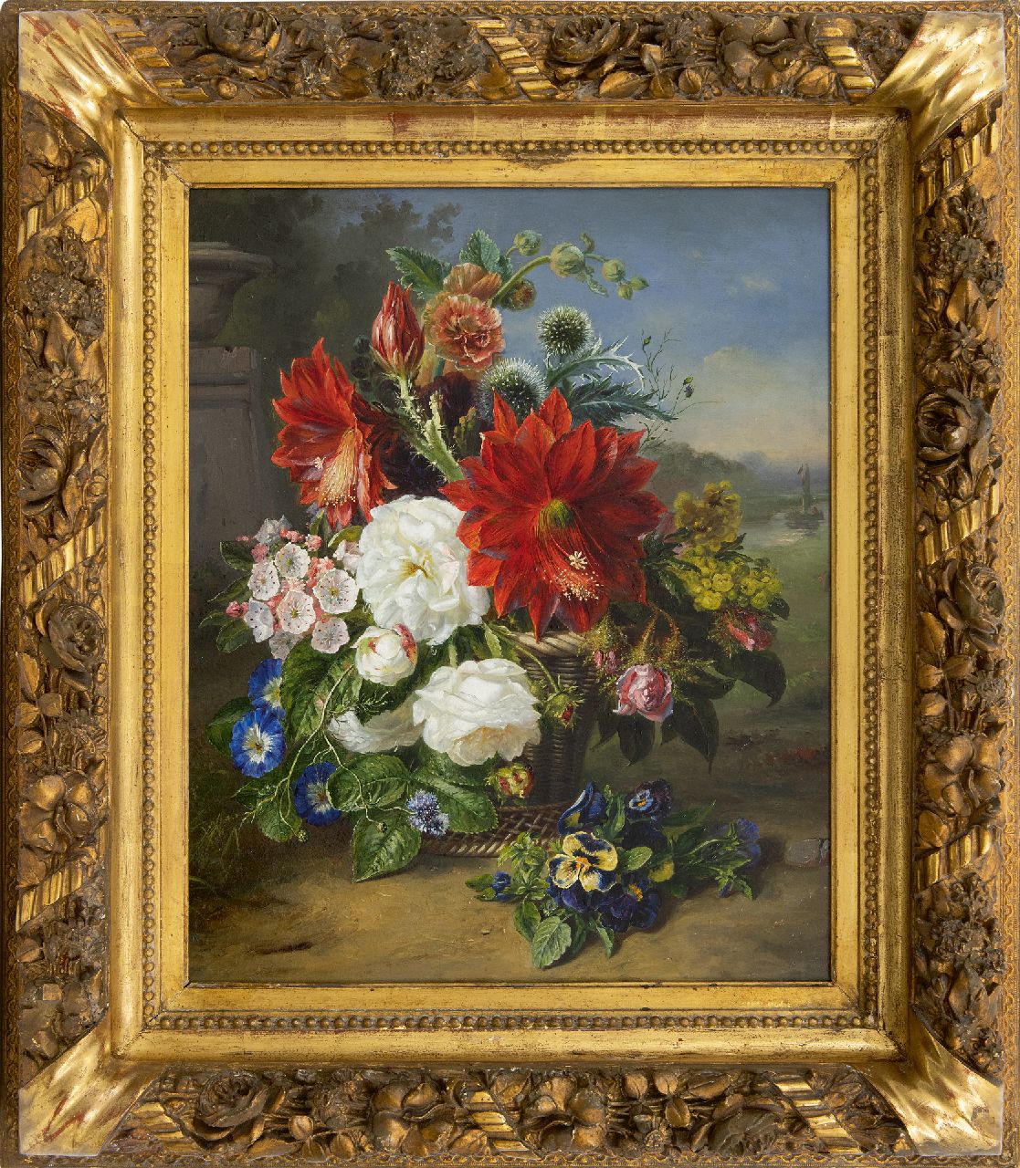 Hamburger H.A. | Helen Augusta 'Hélène' Hamburger, Bloemen in rieten mand, olieverf op paneel 52,0 x 43,5 cm Hamburger H.A. | Helen Augusta 'Hélène' Hamburger, Bloemen in rieten mand, olieverf op paneel 52,0 x 43,5 cm