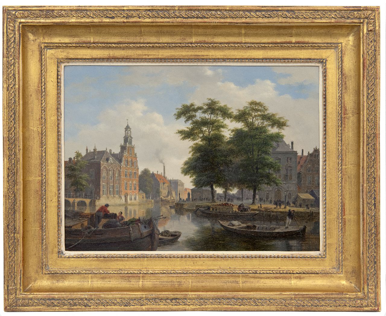 Hove B.J. van | Bartholomeus Johannes 'Bart' van Hove | Schilderijen te koop aangeboden | Zomers stadsgezicht met scheepsverkeer en figuren (pendant van Winterse kade met stadspoort; alleen tezamen), olieverf op paneel 28,4 x 39,0 cm, gesigneerd linksonder Hove B.J. van | Bartholomeus Johannes 'Bart' van Hove | Schilderijen te koop aangeboden | Zomers stadsgezicht met scheepsverkeer en figuren (pendant van Winterse kade met stadspoort; alleen tezamen), olieverf op paneel 28,4 x 39,0 cm, gesigneerd linksonder