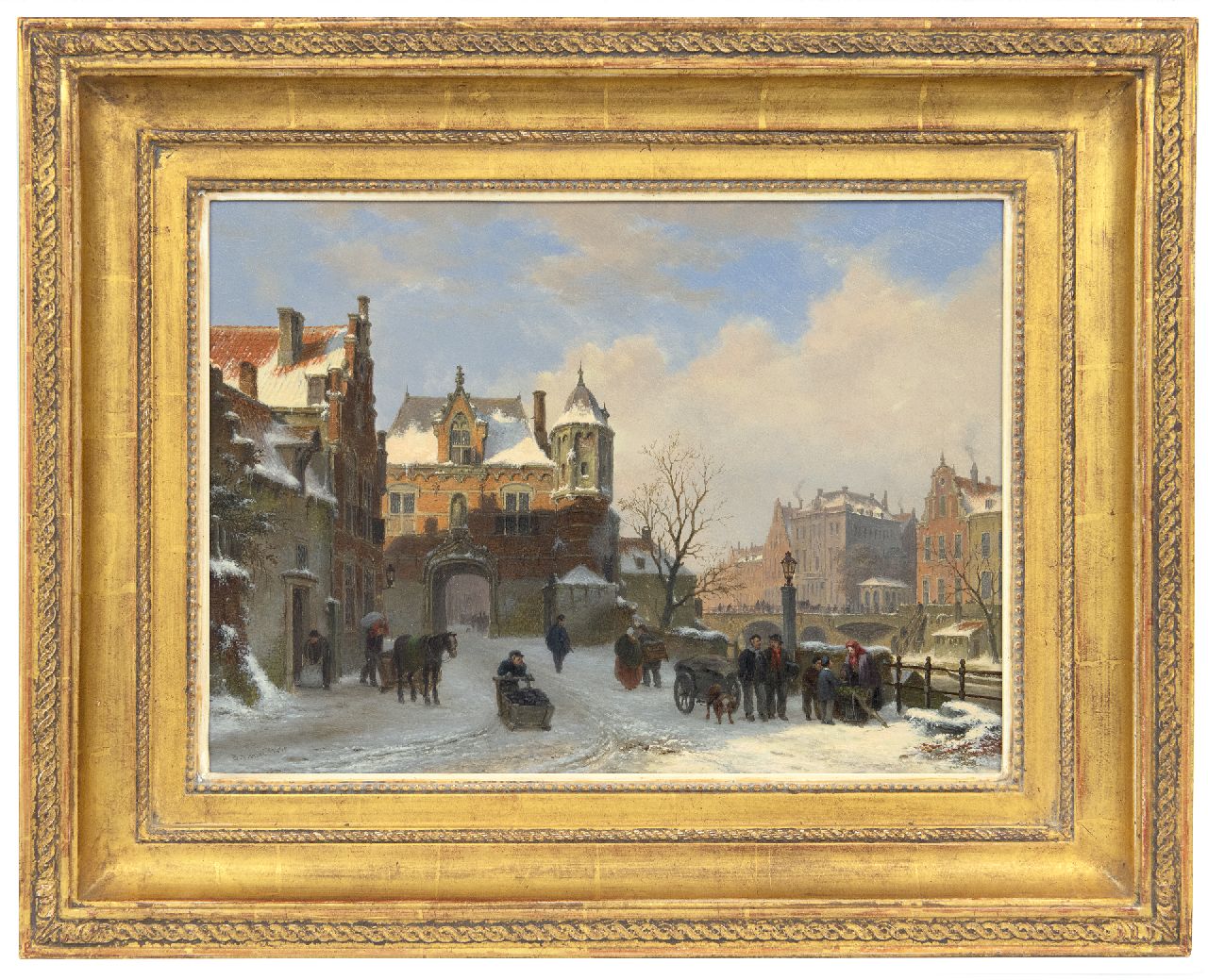 Hove B.J. van | Bartholomeus Johannes 'Bart' van Hove | Schilderijen te koop aangeboden | Winterse kade met stadspoort (pendant van Zomers stadsgezicht met scheepsverkeer en figuren; alleen tezamen), olieverf op paneel 28,6 x 39,2 cm, gesigneerd linksonder Hove B.J. van | Bartholomeus Johannes 'Bart' van Hove | Schilderijen te koop aangeboden | Winterse kade met stadspoort (pendant van Zomers stadsgezicht met scheepsverkeer en figuren; alleen tezamen), olieverf op paneel 28,6 x 39,2 cm, gesigneerd linksonder