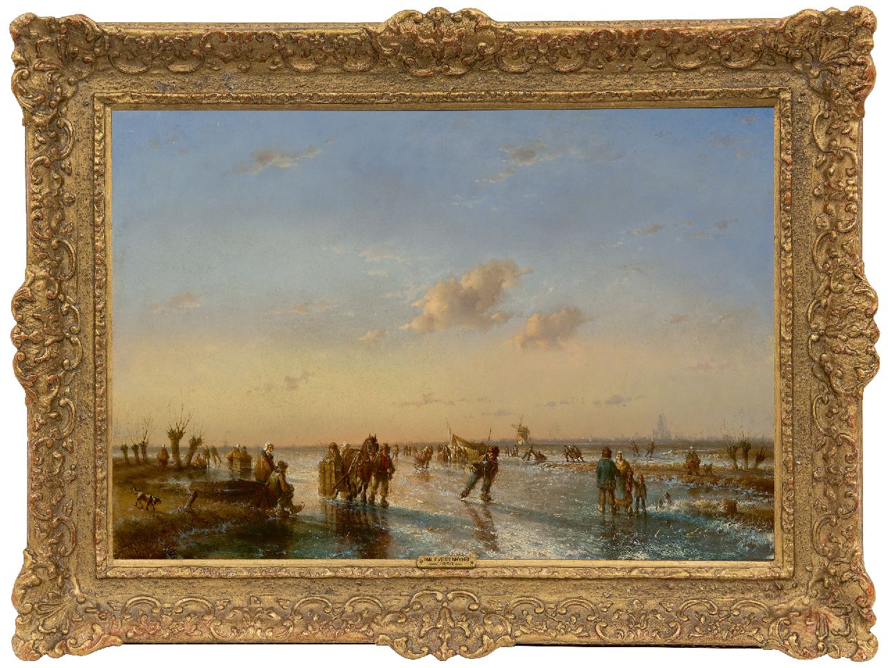 Morel II J.E.  | Jan Evert Morel II | Schilderijen te koop aangeboden | Winterlandschap met schaatsers, olieverf op paneel 34,2 x 49,5 cm, gesigneerd linksonder en gedateerd '58