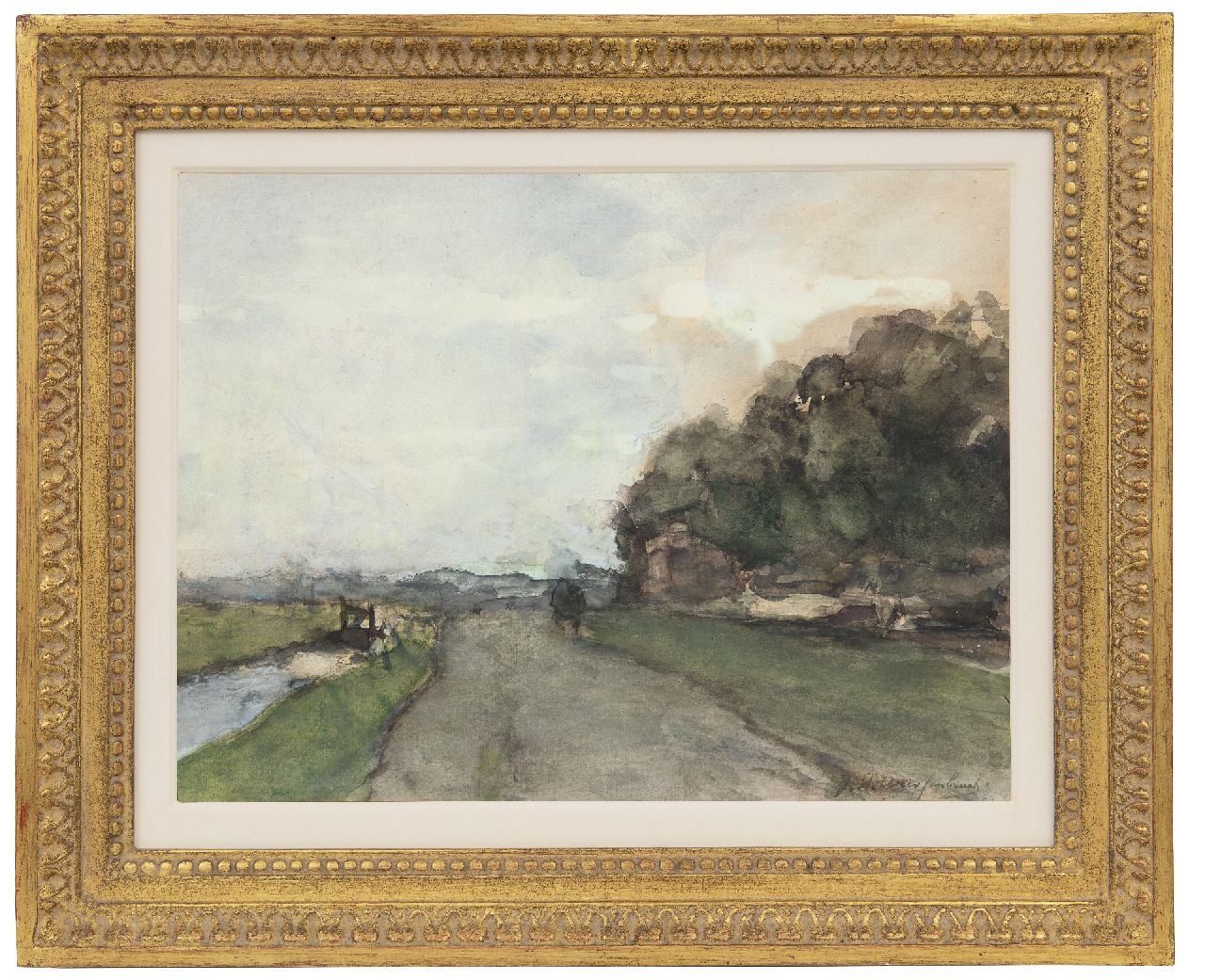 Weissenbruch H.J.  | Hendrik Johannes 'J.H.' Weissenbruch | Aquarellen en tekeningen te koop aangeboden | Landschap bij Cromvliet aan de Vliet, bij Rijswijk; verso: Zeilschip op zee, aquarel op papier 31,9 x 43,0 cm, gesigneerd rechtsonder