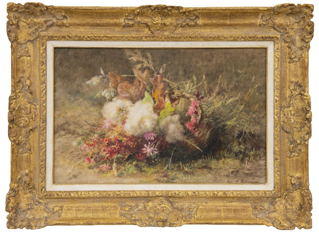 Sande Bakhuyzen G.J. van de | 'Gerardine' Jacoba van de Sande Bakhuyzen | Aquarellen en tekeningen te koop aangeboden | Herfstboeket in mandje op de bosgrond, aquarel op papier 33,8 x 52,3 cm, gesigneerd rechtsonder Sande Bakhuyzen G.J. van de | 'Gerardine' Jacoba van de Sande Bakhuyzen | Aquarellen en tekeningen te koop aangeboden | Herfstboeket in mandje op de bosgrond, aquarel op papier 33,8 x 52,3 cm, gesigneerd rechtsonder