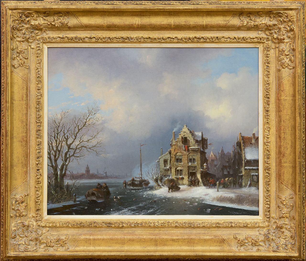 Stok J. van der | Jacobus van der Stok | Schilderijen te koop aangeboden | Bedrijvigheid in een stad aan een bevroren rivier, olieverf op doek 40,8 x 50,6 cm, gesigneerd rechtsonder en gedateerd '59 Stok J. van der | Jacobus van der Stok | Schilderijen te koop aangeboden | Bedrijvigheid in een stad aan een bevroren rivier, olieverf op doek 40,8 x 50,6 cm, gesigneerd rechtsonder en gedateerd '59