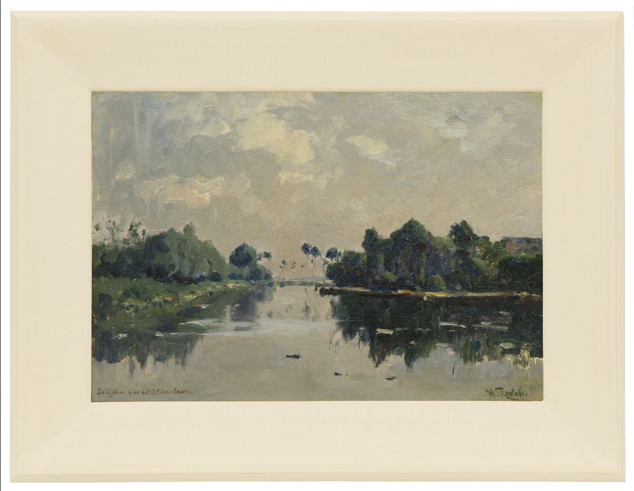 Roelofs W.  | Willem Roelofs, Het Gein bij de Velderslaan, Abcoude (Mondriaan avant la lettre), olieverf op doek op paneel 30,3 x 44,0 cm, gesigneerd rechtsonder en verso gedateerd 'Juillet' 1881