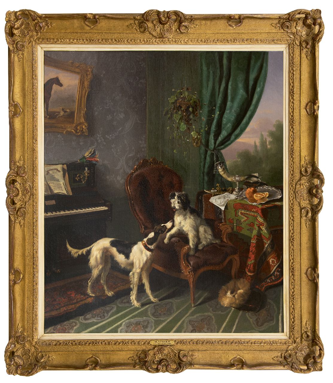 Verschuur W. | Wouterus Verschuur | Schilderijen te koop aangeboden | Muziekkamer met twee honden, olieverf op doek 90,0 x 79,0 cm, te dateren ca. 1848-1850 Verschuur W. | Wouterus Verschuur | Schilderijen te koop aangeboden | Muziekkamer met twee honden, olieverf op doek 90,0 x 79,0 cm, te dateren ca. 1848-1850