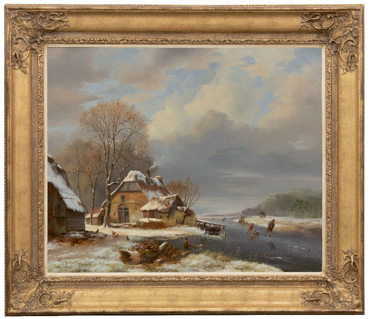 Roosenboom N.J.  | Nicolaas Johannes Roosenboom, Winters riviergezicht met schaatsers bij een boerderij, olieverf op doek 71,2 x 87,7 cm, gesigneerd linksonder