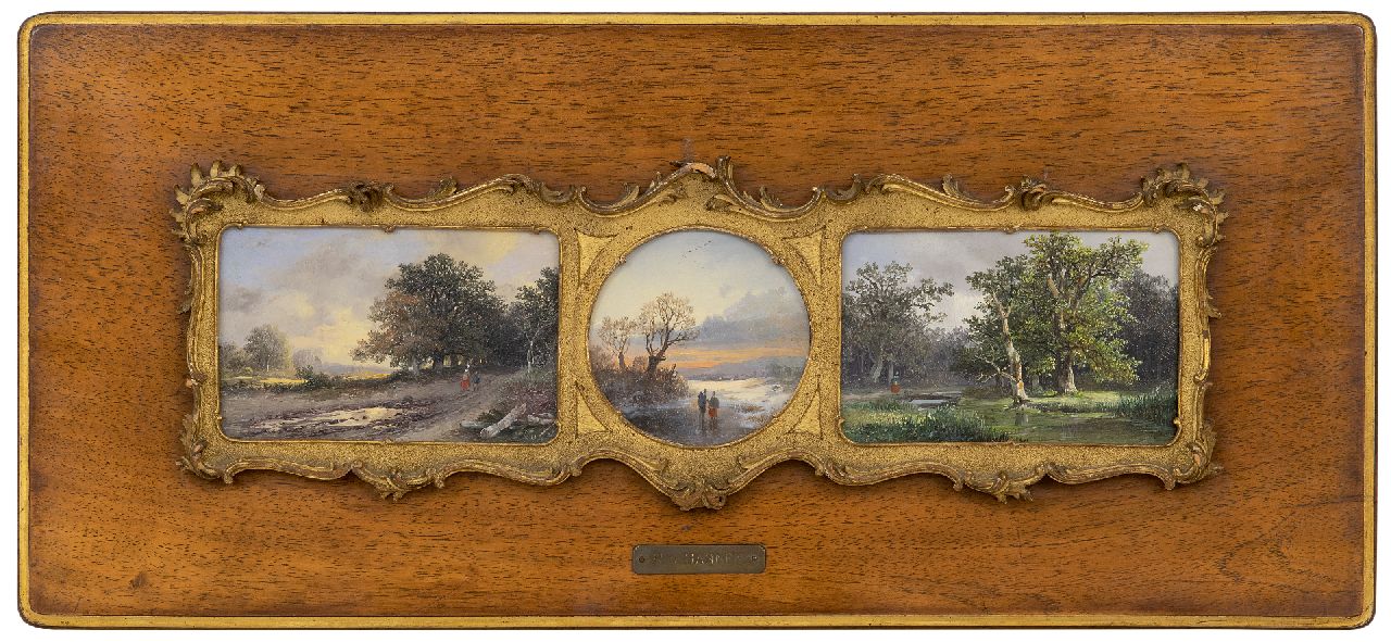 Haanen R.A. | Remigius Adrianus Haanen | Schilderijen te koop aangeboden | Drie landschapjes: Zomerlandschap - Wandelaars op het ijs - Bosgezicht, olieverf op blik 8,0 x 12,3 cm, gesigneerd rechtsonder(2) en linksonder (1) met monogram Haanen R.A. | Remigius Adrianus Haanen | Schilderijen te koop aangeboden | Drie landschapjes: Zomerlandschap - Wandelaars op het ijs - Bosgezicht, olieverf op blik 8,0 x 12,3 cm, gesigneerd rechtsonder(2) en linksonder (1) met monogram
