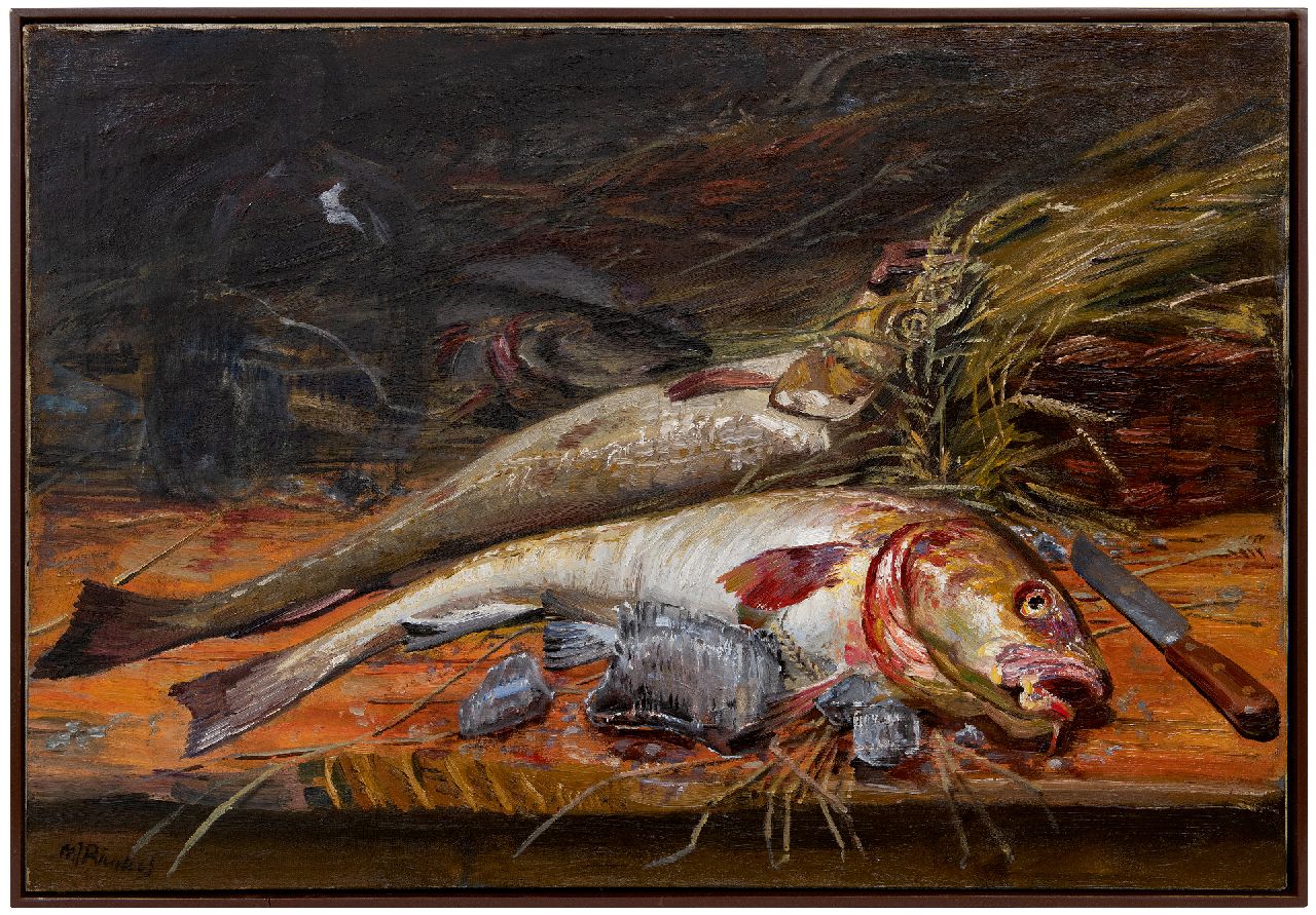 Richters M.J. | 'Marius' Johannes Richters | Schilderijen te koop aangeboden | Stilleven met vissen, olieverf op doek 65,8 x 99,2 cm, gesigneerd linksonder Richters M.J. | 'Marius' Johannes Richters | Schilderijen te koop aangeboden | Stilleven met vissen, olieverf op doek 65,8 x 99,2 cm, gesigneerd linksonder