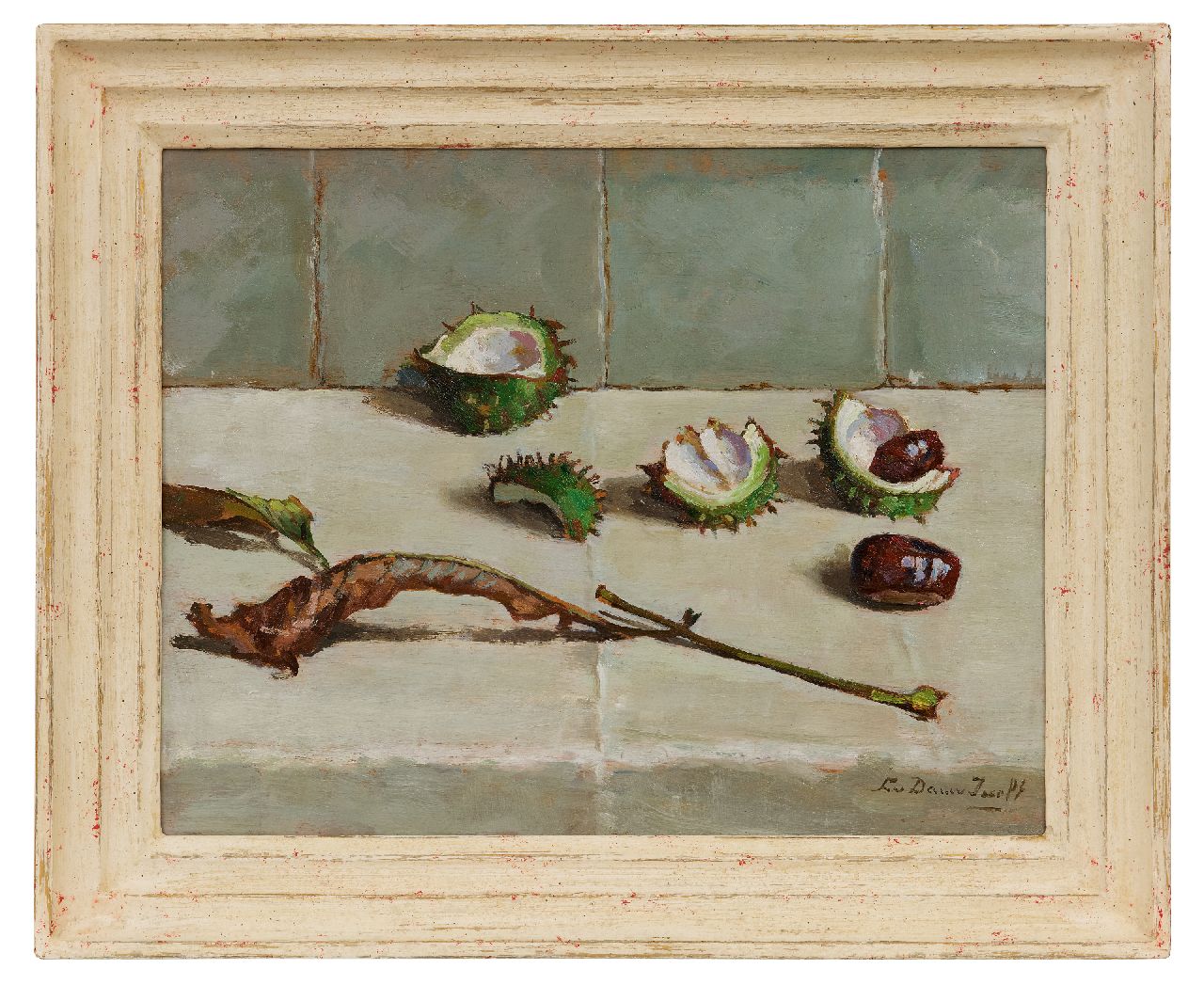Dam van Isselt L. van | Lucie van Dam van Isselt, Stilleven van kastanjes, bolsters en blad, olieverf op paneel 31,7 x 40,1 cm, gesigneerd rechtsonder Dam van Isselt L. van | Lucie van Dam van Isselt, Stilleven van kastanjes, bolsters en blad, olieverf op paneel 31,7 x 40,1 cm, gesigneerd rechtsonder
