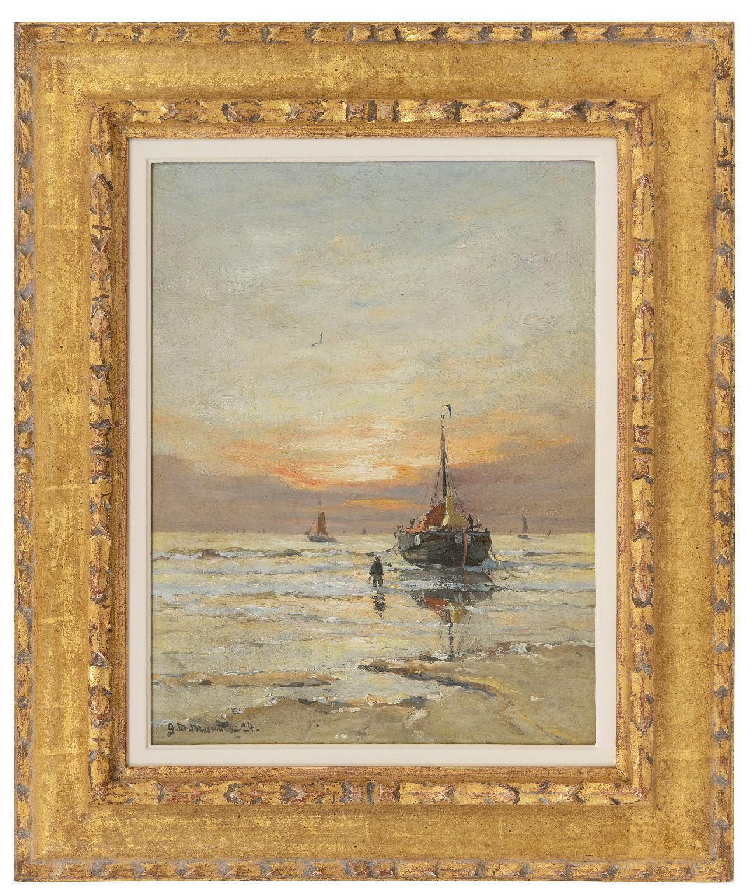 Munthe G.A.L. | Gerhard Arij Ludwig 'Morgenstjerne' Munthe, Bomschuit in de branding bij zonsondergang, olieverf op schildersboard 34,8 x 26,8 cm, gesigneerd linksonder en gedateerd '24 Munthe G.A.L. | Gerhard Arij Ludwig 'Morgenstjerne' Munthe, Bomschuit in de branding bij zonsondergang, olieverf op schildersboard 34,8 x 26,8 cm, gesigneerd linksonder en gedateerd '24