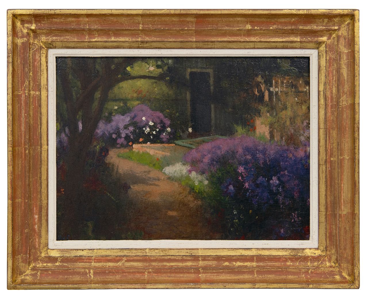 Looy J. van | Jacobus van Looy | Schilderijen te koop aangeboden | Tuin in Haarlem, olieverf op paneel 26,8 x 37,0 cm, gesigneerd linksonder met initialen en te dateren 1907-1930