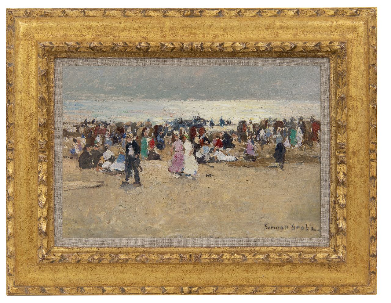 Grobe P.G. | Philipp 'German' Grobe, Kleurrijke drukte op het strand, olieverf op paneel 23,9 x 36,0 cm, gesigneerd rechtsonder Grobe P.G. | Philipp 'German' Grobe, Kleurrijke drukte op het strand, olieverf op paneel 23,9 x 36,0 cm, gesigneerd rechtsonder