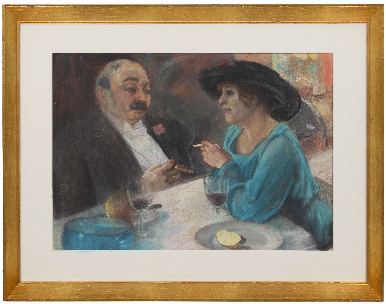 Onbekend   | Onbekend | Aquarellen en tekeningen te koop aangeboden | Man en vrouw in een café, pastel op papier 35,5 x 47,6 cm
