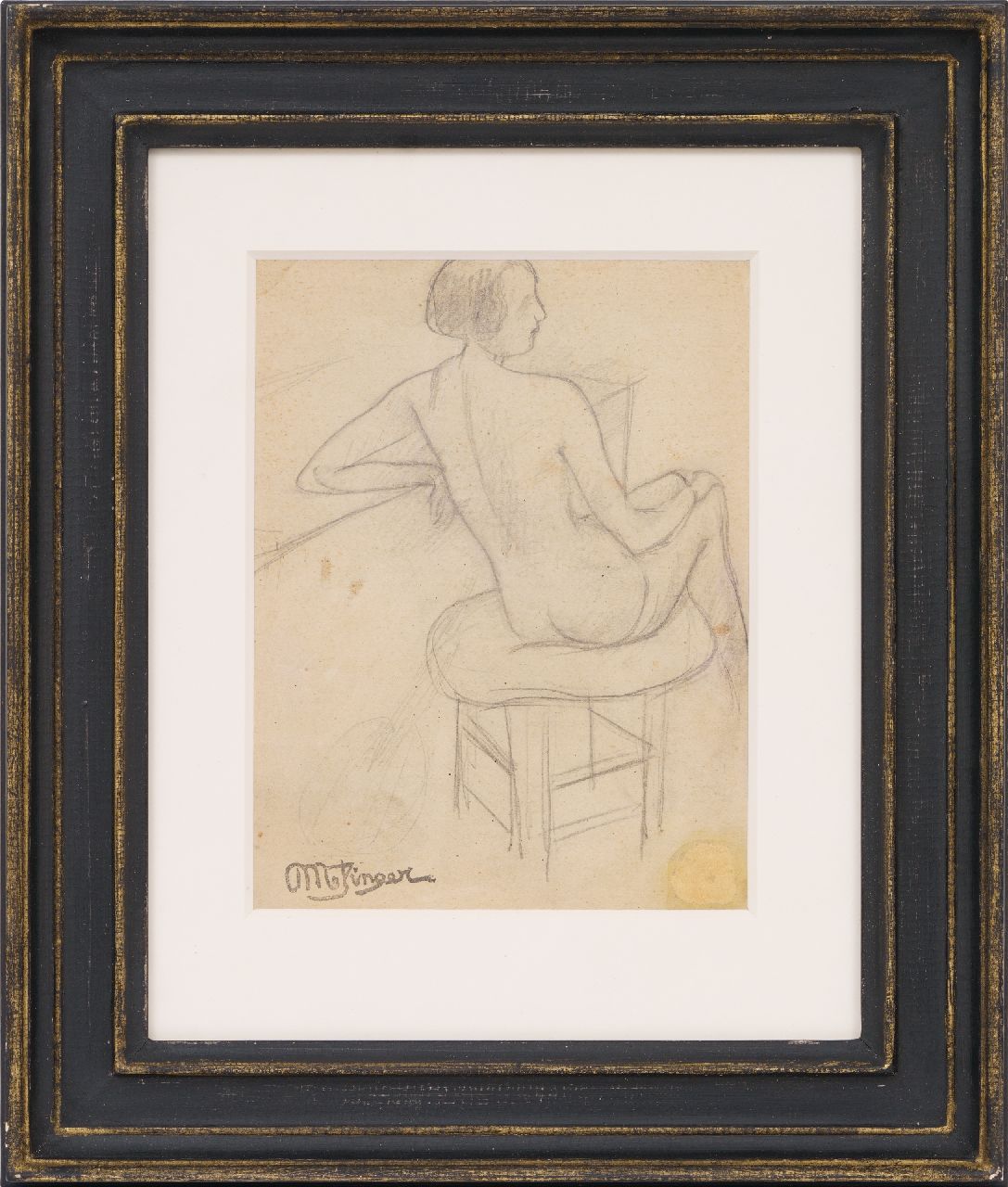 Metzinger J.D.A.  | 'Jean' Dominique Antony Metzinger, Etude d'une femme nue assise; verso: Gitarist, potlood op papier 15,5 x 11,0 cm, gesigneerd linksonder en verso met kunstenaarsstempel