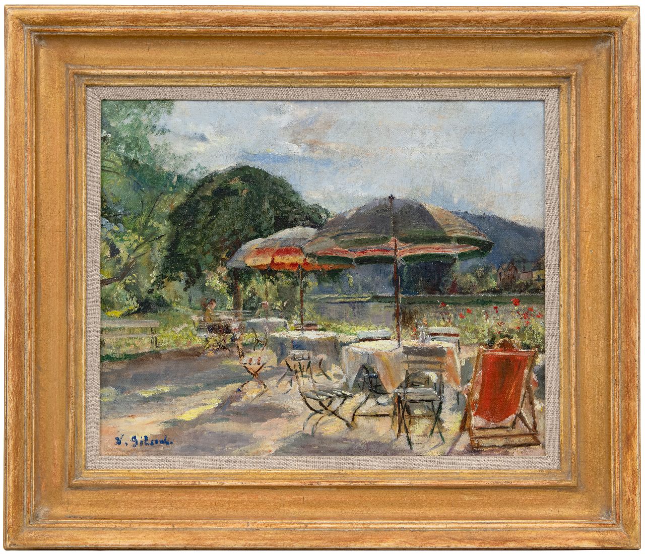 Gilsoul V.O.  | 'Victor' Olivier Gilsoul | Schilderijen te koop aangeboden | Terrasje aan het water, olieverf op doek 32,1 x 40,1 cm, gesigneerd linksonder