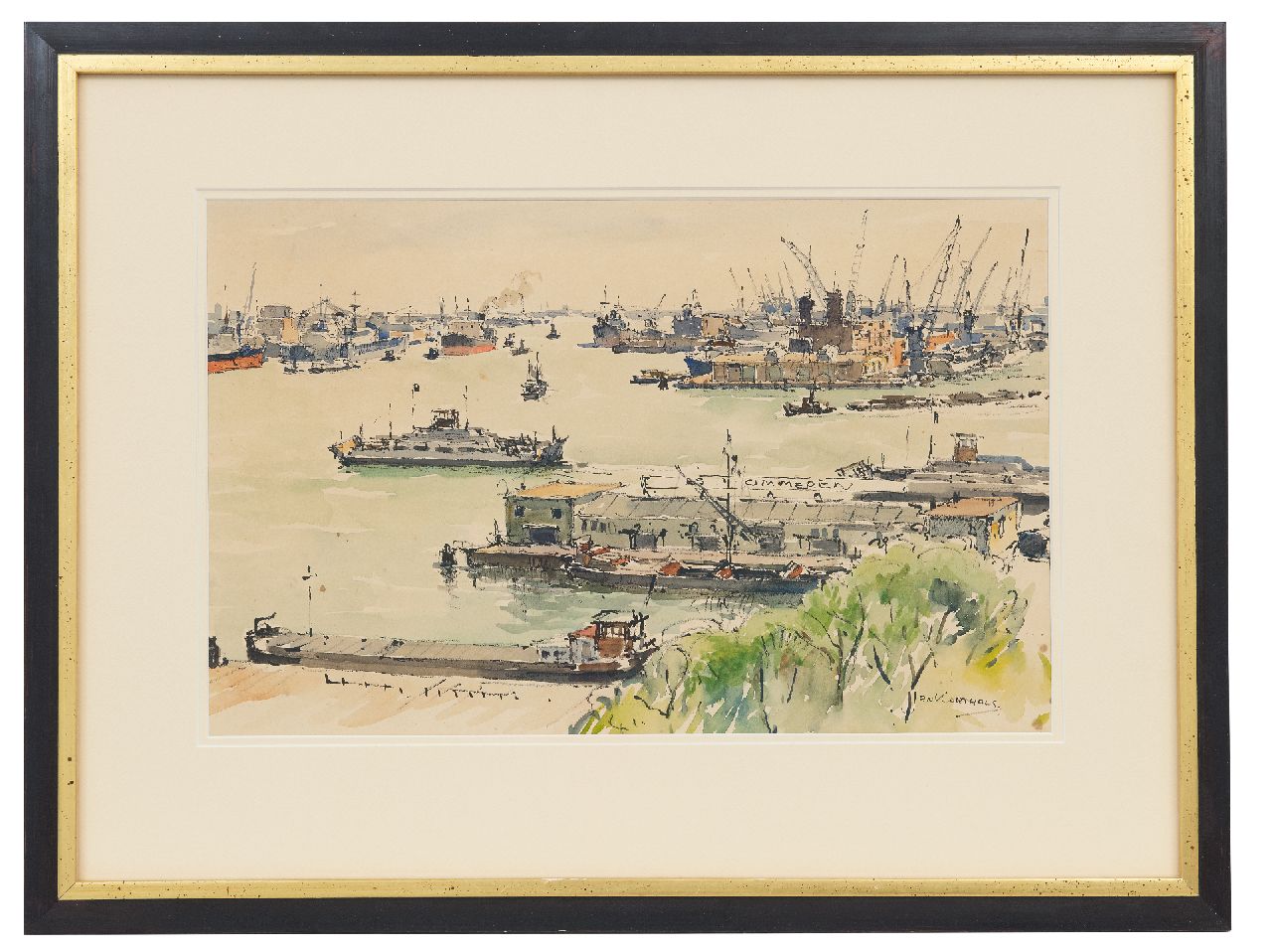 Korthals J. | Johannes 'Jan' Korthals, Havengezicht, Rotterdam, aquarel op papier 29,9 x 46,7 cm, gesigneerd rechtsonder Korthals J. | Johannes 'Jan' Korthals, Havengezicht, Rotterdam, aquarel op papier 29,9 x 46,7 cm, gesigneerd rechtsonder