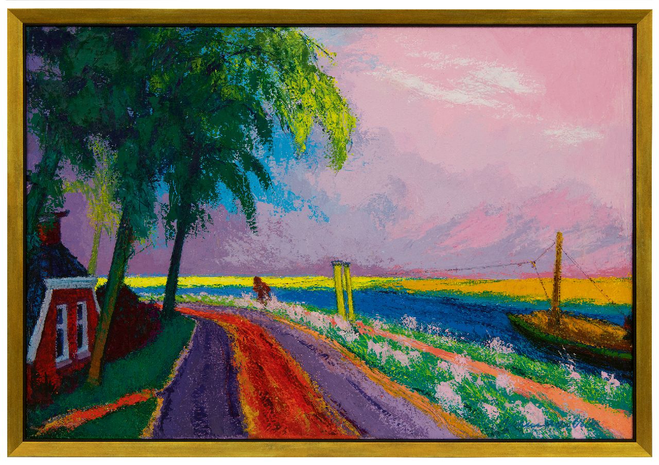 Vries J. de | Jannes de Vries, Jaagpad met schuit, olieverf op doek 55,0 x 80,3 cm, gesigneerd rechtsonder
