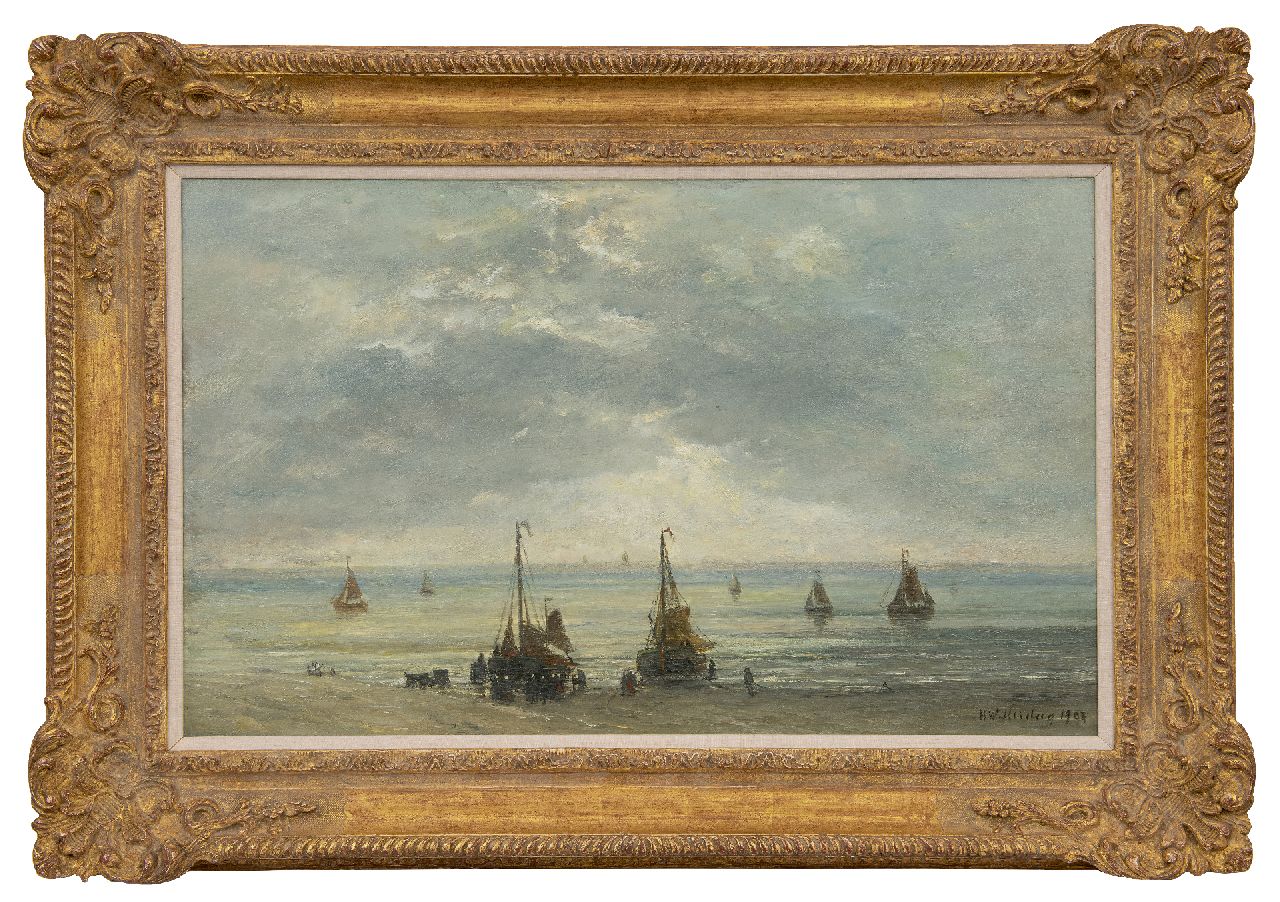 Mesdag H.W. | Hendrik Willem Mesdag, Bomschuiten aan de kust, olieverf op doek 48,9 x 78,6 cm, gesigneerd rechtsonder en te dateren 1893-1902 Mesdag H.W. | Hendrik Willem Mesdag, Bomschuiten aan de kust, olieverf op doek 48,9 x 78,6 cm, gesigneerd rechtsonder en te dateren 1893-1902