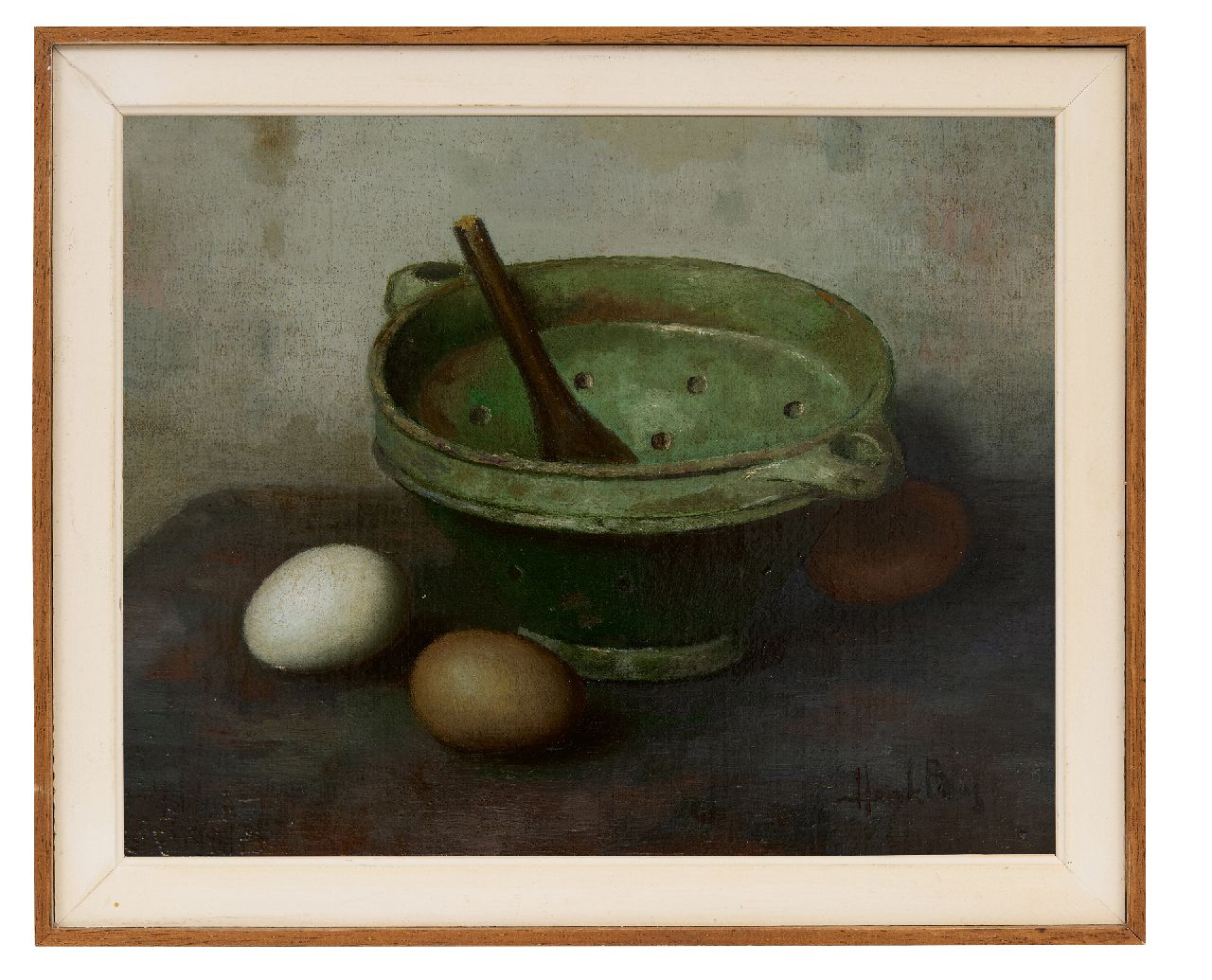 Bos H.  | Hendrik 'Henk' Bos | Schilderijen te koop aangeboden | Stilleven met stenen vergiet en eieren, olieverf op doek op paneel 24,5 x 30,4 cm, gesigneerd rechtsonder