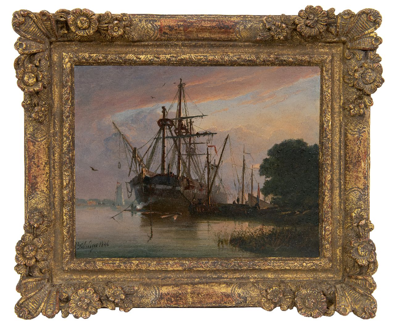 Schiedges P.P. | Petrus Paulus Schiedges | Schilderijen te koop aangeboden | Aangemeerde driemaster bij zonsondergang, olieverf op paneel 16,2 x 20,9 cm, gesigneerd linksonder en gedateerd 1846 Schiedges P.P. | Petrus Paulus Schiedges | Schilderijen te koop aangeboden | Aangemeerde driemaster bij zonsondergang, olieverf op paneel 16,2 x 20,9 cm, gesigneerd linksonder en gedateerd 1846