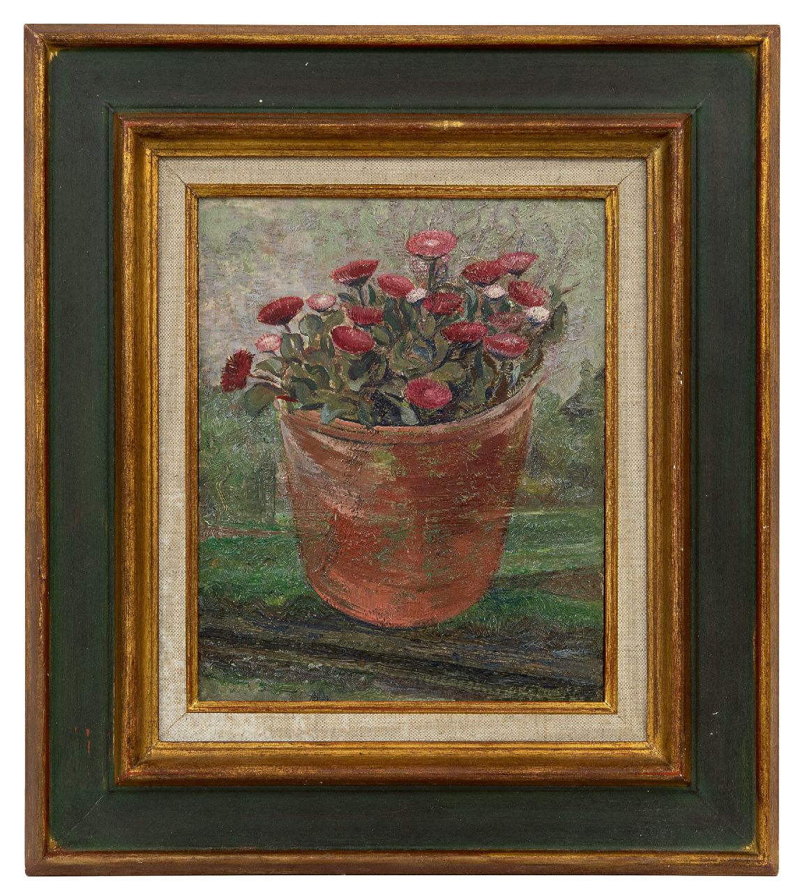 Zweep D.J. van der | 'Douwe' Jan van der Zweep, Bloempot met madeliefjes, olieverf op paneel 27,0 x 21,1 cm, gesigneerd rechtsonder