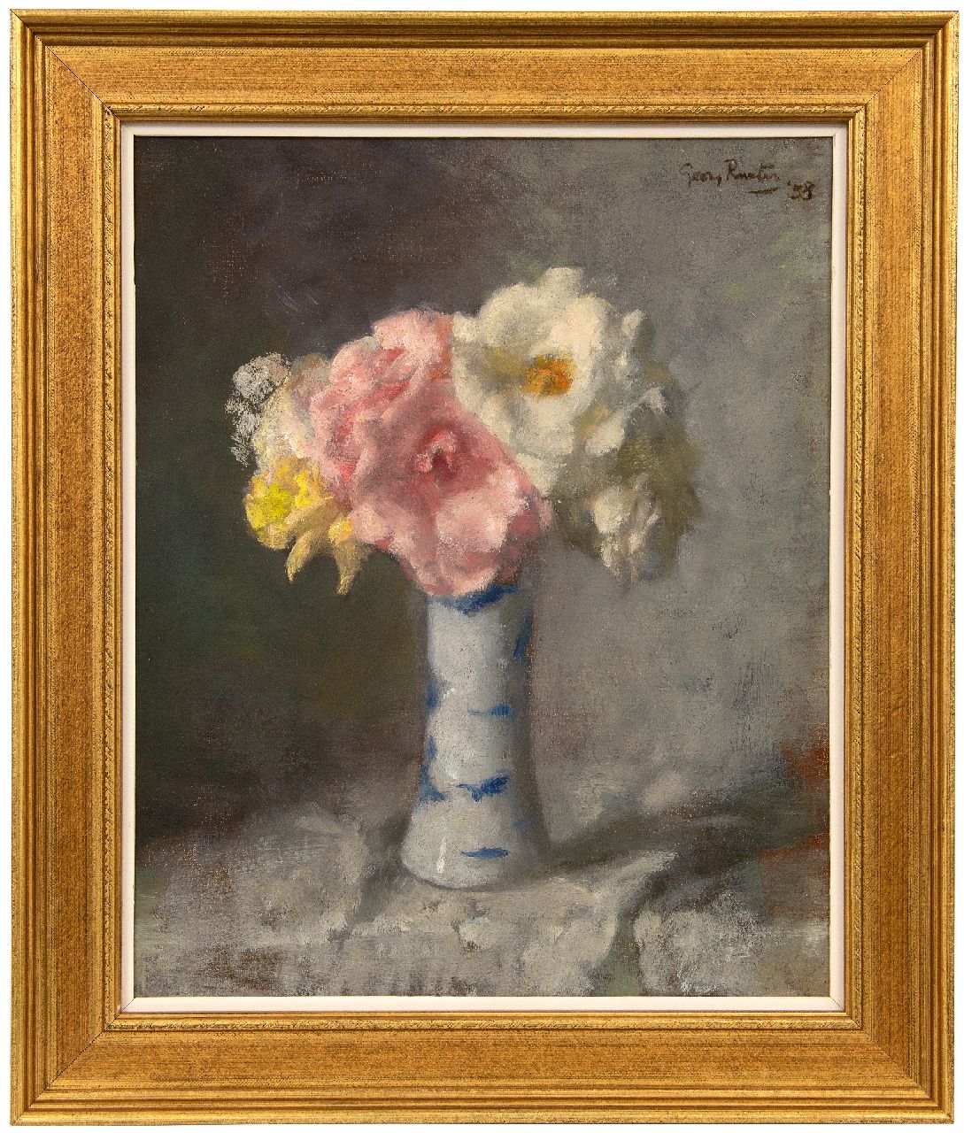 Rueter W.C.G. | Wilhelm Christian 'Georg' Rueter | Schilderijen te koop aangeboden | Rozen in een porseleinen vaasje, olieverf op doek 43,6 x 36,0 cm, gesigneerd rechtsboven en gedateerd '38 Rueter W.C.G. | Wilhelm Christian 'Georg' Rueter | Schilderijen te koop aangeboden | Rozen in een porseleinen vaasje, olieverf op doek 43,6 x 36,0 cm, gesigneerd rechtsboven en gedateerd '38