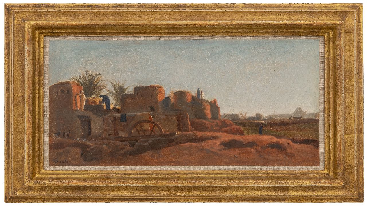 Goodall F.  | Frederick Goodall | Schilderijen te koop aangeboden | Dorp langs de Nijl met piramiden op de achtergrond, papier op doek 17,9 x 38,2 cm, gesigneerd linksonder met monogram en gedateerd 1858