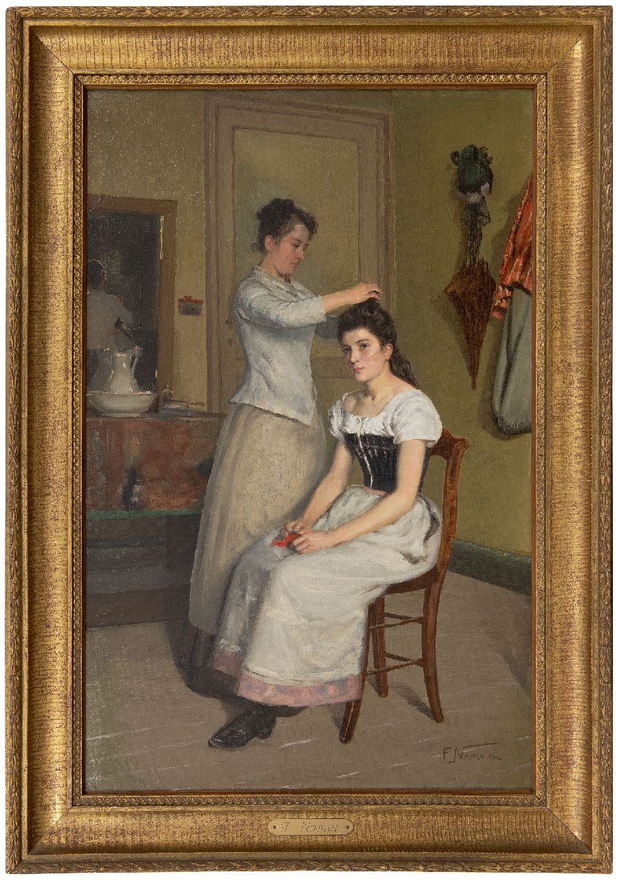 Namur F. | François Namur, Het opsteken van het haar, olieverf op doek 74,6 x 47,6 cm, gesigneerd rechtsonder Namur F. | François Namur, Het opsteken van het haar, olieverf op doek 74,6 x 47,6 cm, gesigneerd rechtsonder