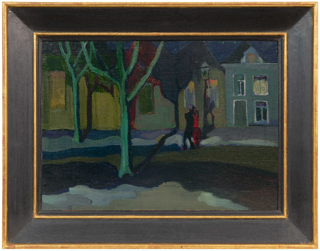 Martens G.G. | Gijsbert 'George' Martens, Gearmd paar op het Groningse Kattendiep bij avond, olieverf op paneel 31,0 x 42,5 cm, gesigneerd verso en te dateren ca. 1925 Martens G.G. | Gijsbert 'George' Martens, Gearmd paar op het Groningse Kattendiep bij avond, olieverf op paneel 31,0 x 42,5 cm, gesigneerd verso en te dateren ca. 1925
