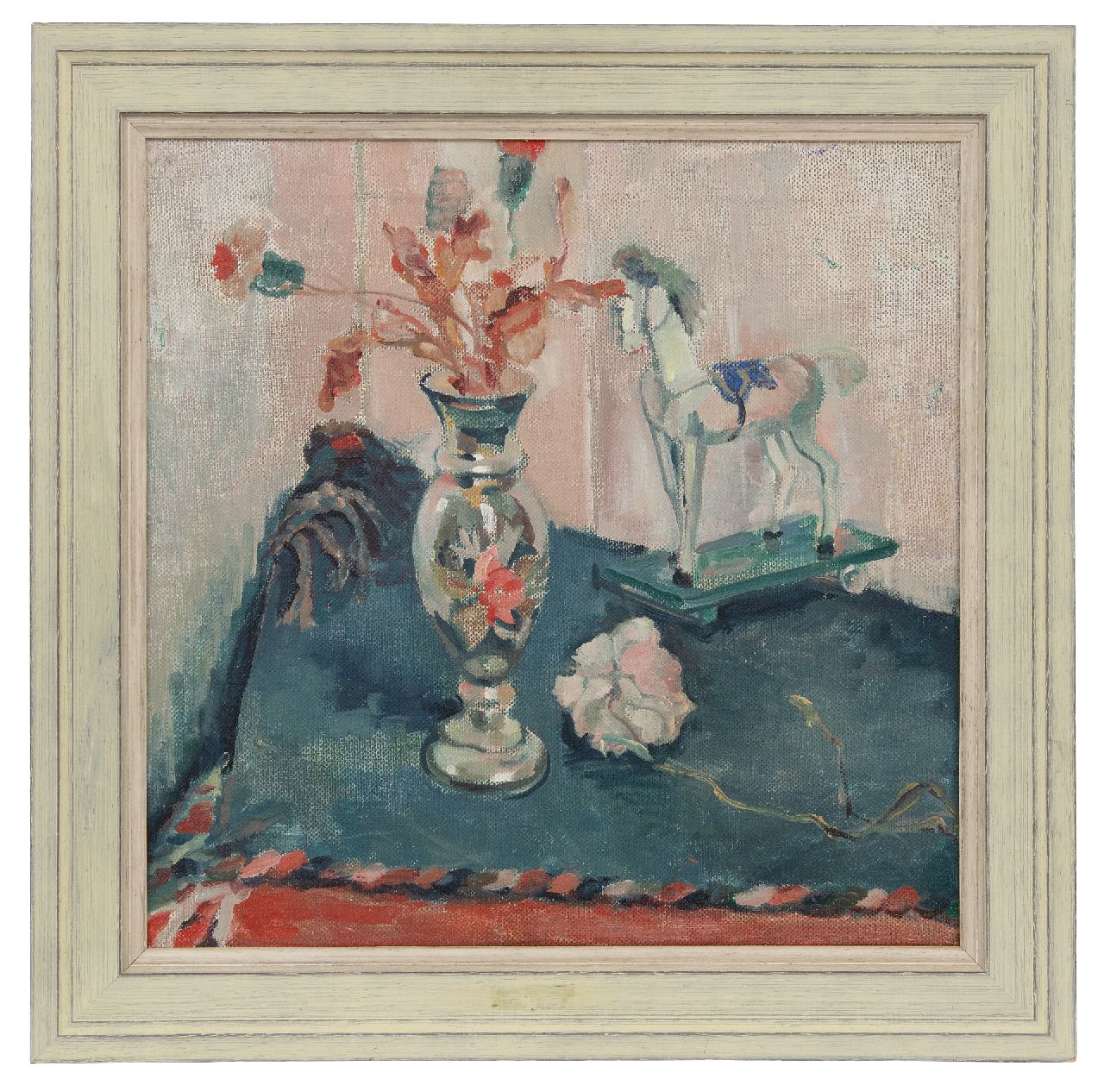 Martens G.G.  | Gijsbert 'George' Martens | Schilderijen te koop aangeboden | Stilleven met bloemen en speelgoedpaardje, olieverf op doek 50,5 x 50,3 cm, gesigneerd verso op spieraam