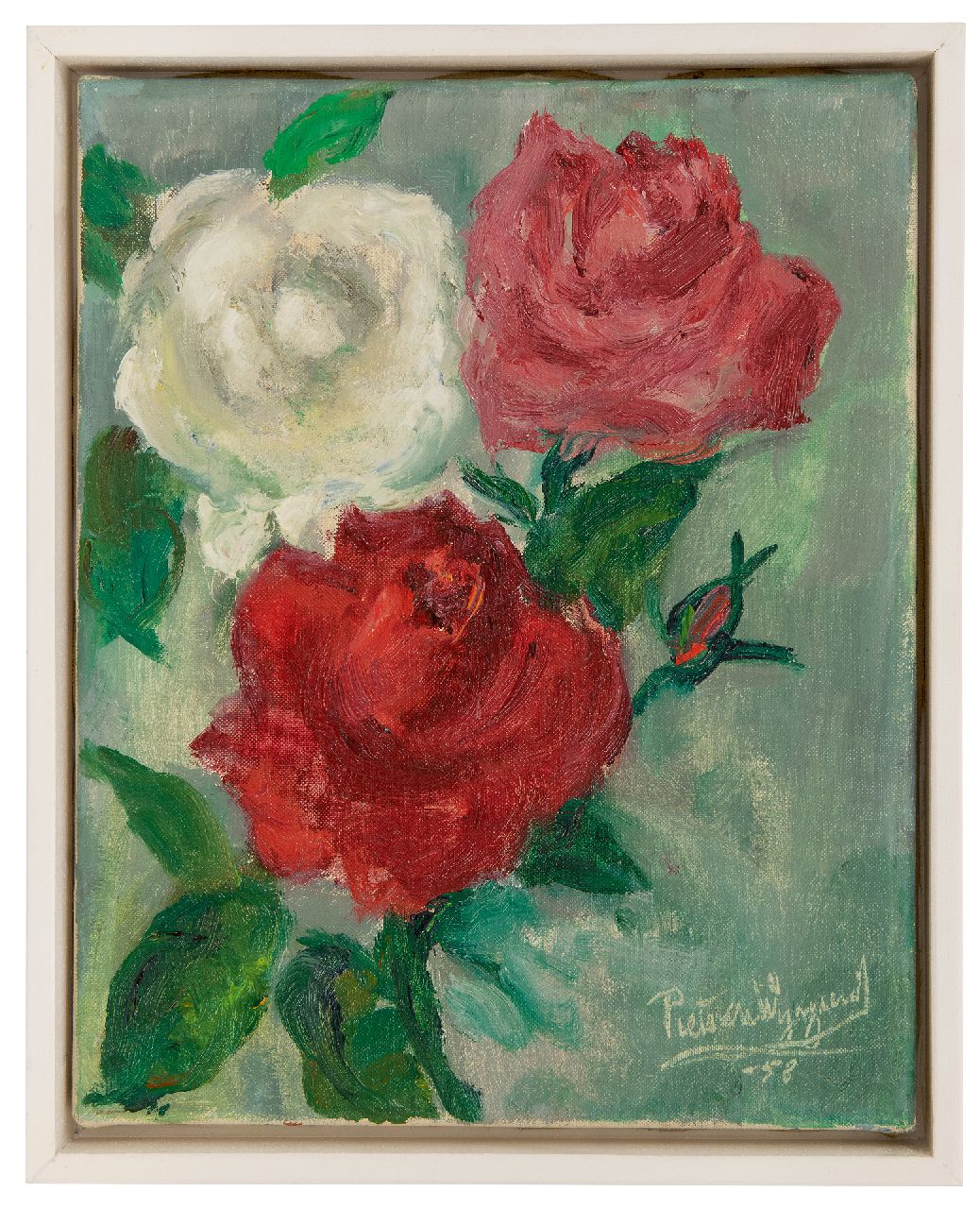 Wijngaerdt P.T. van | Petrus Theodorus 'Piet' van Wijngaerdt | Schilderijen te koop aangeboden | Rozen, olieverf op doek 28,0 x 22,0 cm, gesigneerd rechtsonder en gedateerd '53 Wijngaerdt P.T. van | Petrus Theodorus 'Piet' van Wijngaerdt | Schilderijen te koop aangeboden | Rozen, olieverf op doek 28,0 x 22,0 cm, gesigneerd rechtsonder en gedateerd '53