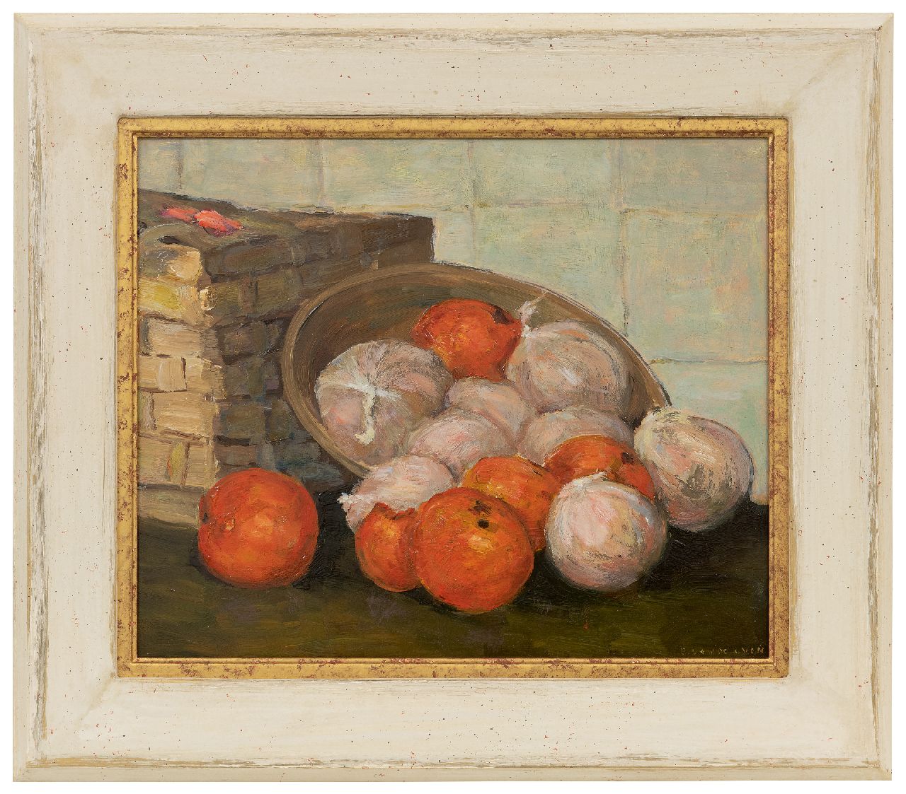 Ven E.E.G. van der | Emanuel Ernest Gerardus 'Manus' van der Ven | Schilderijen te koop aangeboden | Stilleven met mandarijnen, olieverf op board 30,4 x 37,2 cm, gesigneerd rechtsonder