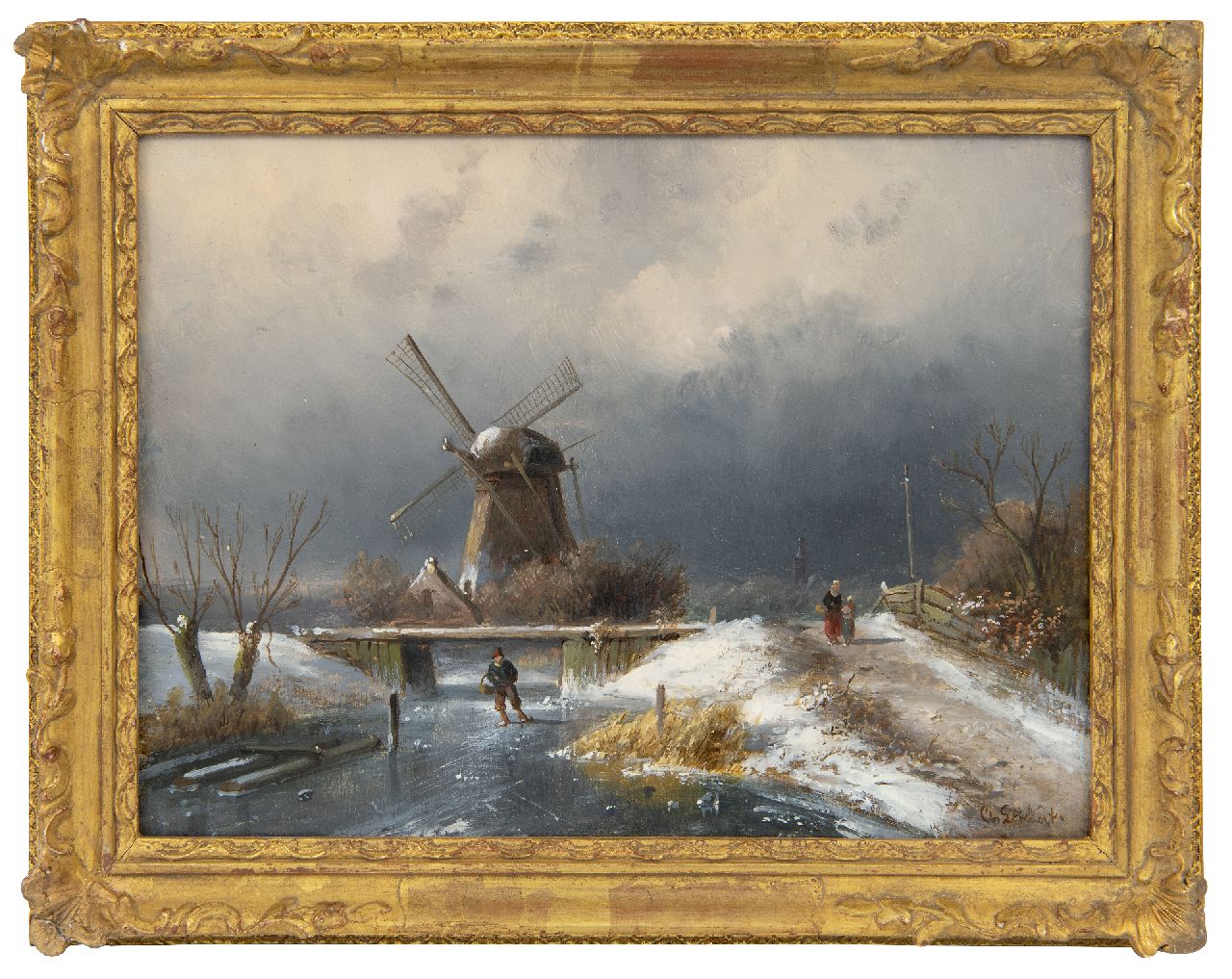 Leickert C.H.J. | 'Charles' Henri Joseph Leickert, Schaatser op een bevroren vaartje bij een molen, olieverf op paneel 19,2 x 26,0 cm, gesigneerd rechtsonder Leickert C.H.J. | 'Charles' Henri Joseph Leickert, Schaatser op een bevroren vaartje bij een molen, olieverf op paneel 19,2 x 26,0 cm, gesigneerd rechtsonder