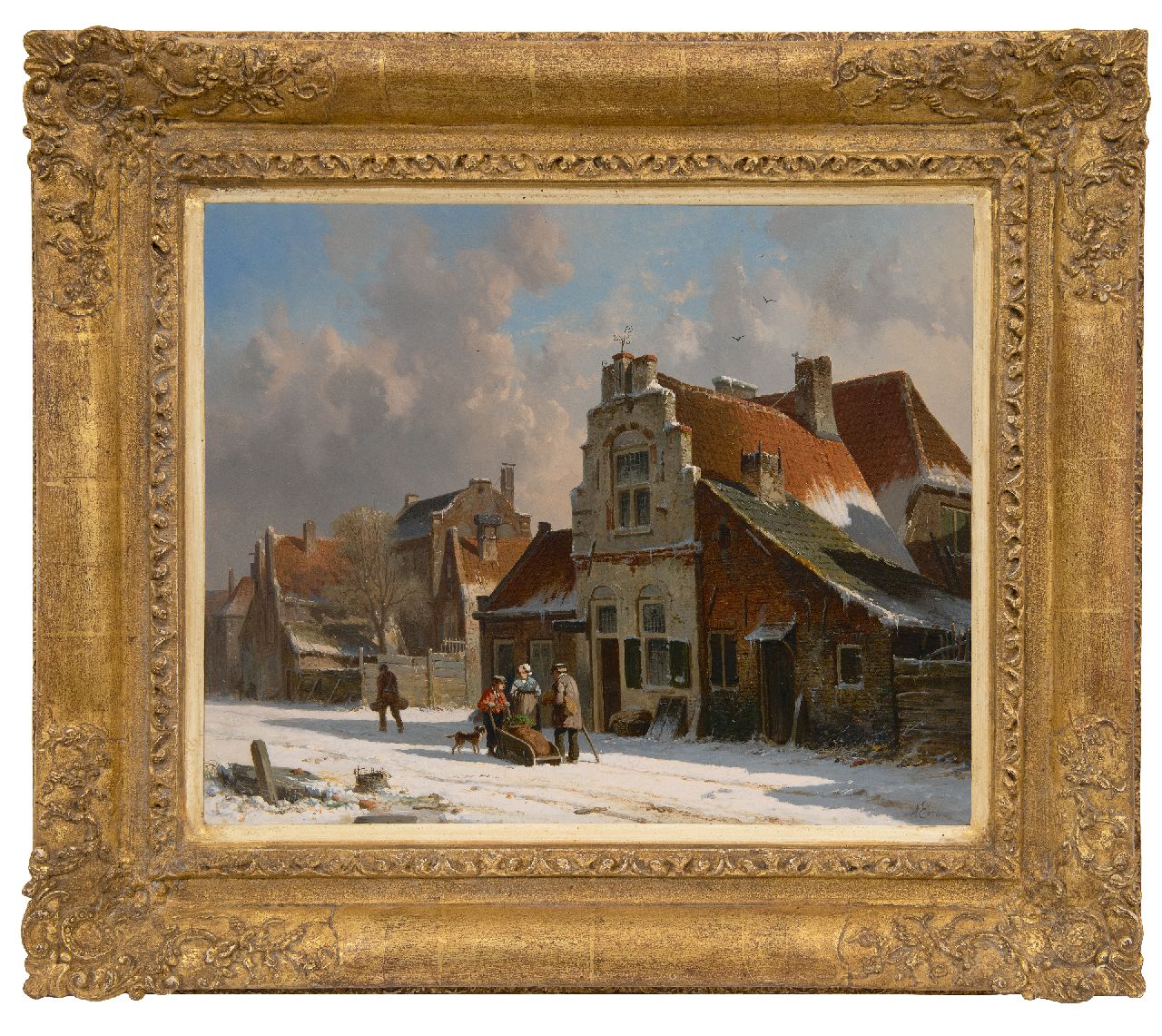 Eversen A.  | Adrianus Eversen, Figuren bij een slede in besneeuwde straat, olieverf op paneel 33,3 x 41,4 cm, gesigneerd rechtsonder voluit en met monogram