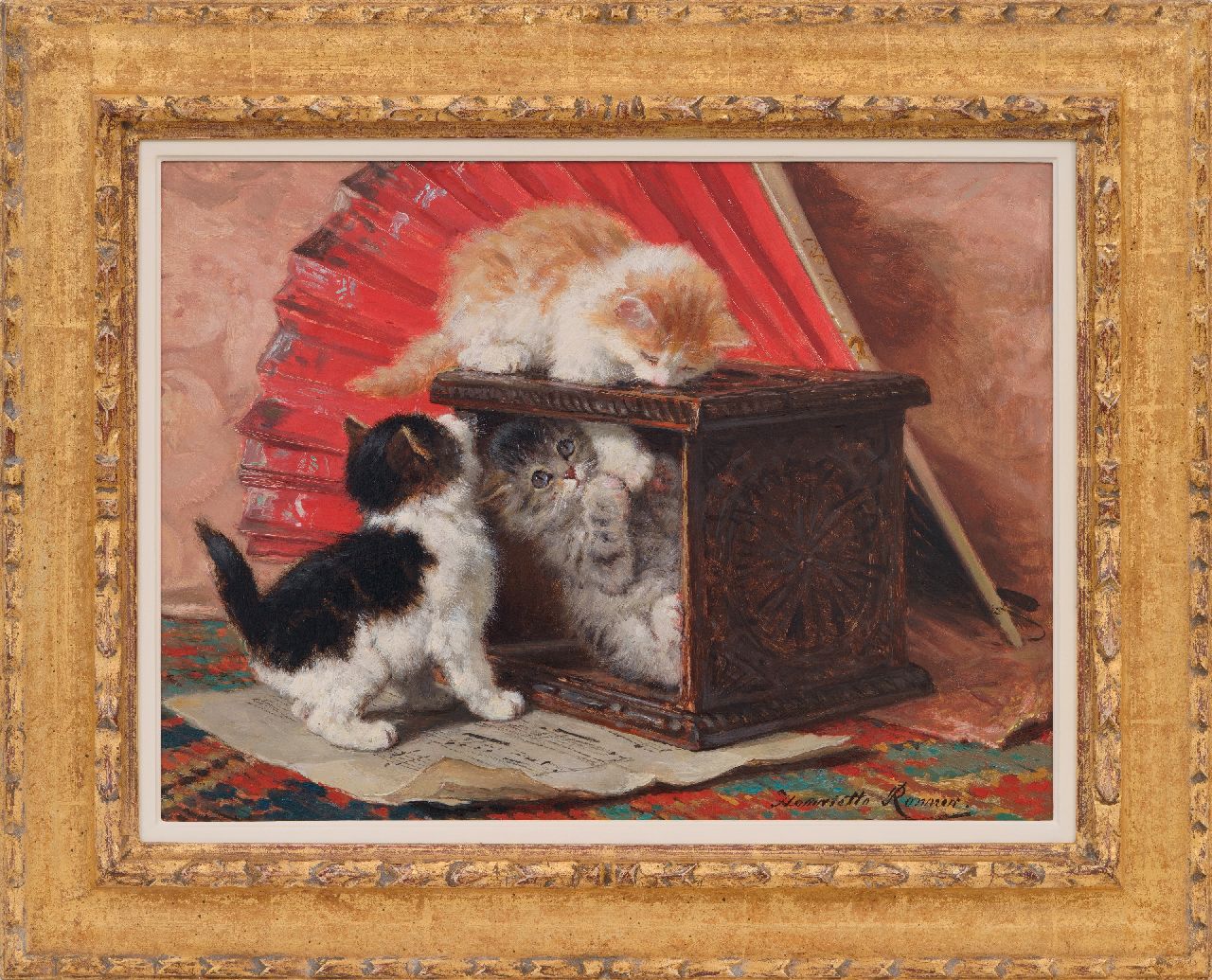 Ronner-Knip H. | Henriette Ronner-Knip, Stilleven met drie spelende kittens, olieverf op paneel 33,3 x 44,7 cm, gesigneerd rechtsonder Ronner-Knip H. | Henriette Ronner-Knip, Stilleven met drie spelende kittens, olieverf op paneel 33,3 x 44,7 cm, gesigneerd rechtsonder
