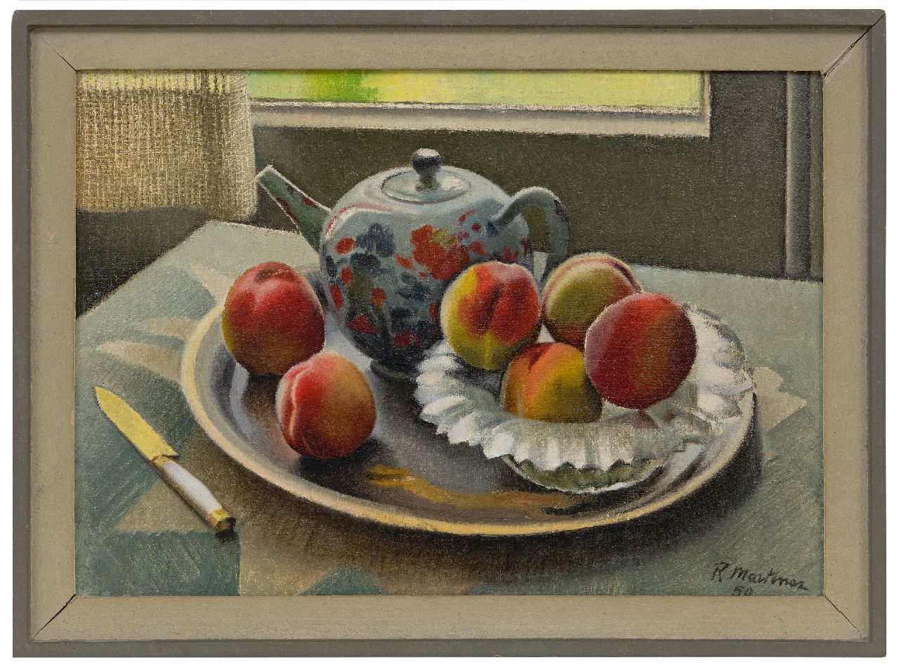 Martinez R. | Raoul Martinez | Schilderijen te koop aangeboden | Stilleven met theepot en perziken bij een raam, olieverf op doek 35,4 x 50,2 cm, gesigneerd rechtsonder en gedateerd '50 Martinez R. | Raoul Martinez | Schilderijen te koop aangeboden | Stilleven met theepot en perziken bij een raam, olieverf op doek 35,4 x 50,2 cm, gesigneerd rechtsonder en gedateerd '50